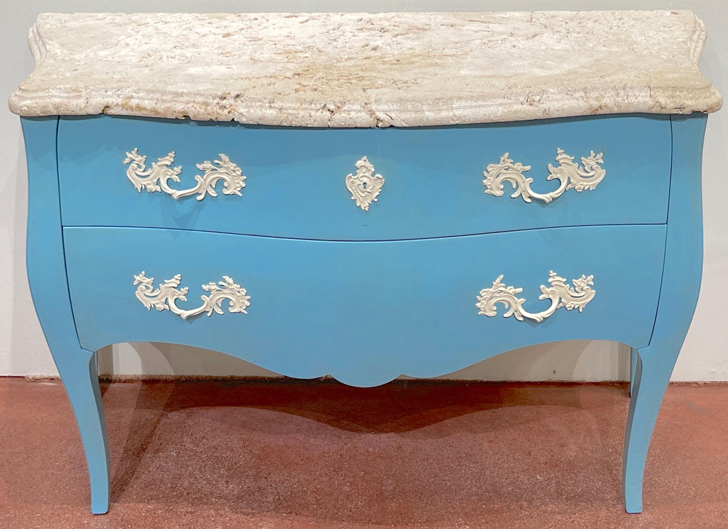 Neoclassical Pair of 'Palm Beach Blue' Lacquered Commodes with Natural Coquina Stone For Sale