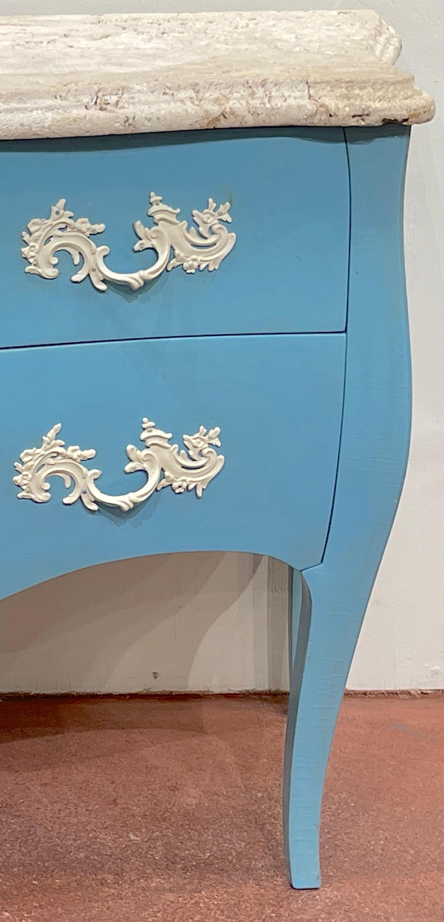 French Pair of 'Palm Beach Blue' Lacquered Commodes with Natural Coquina Stone For Sale