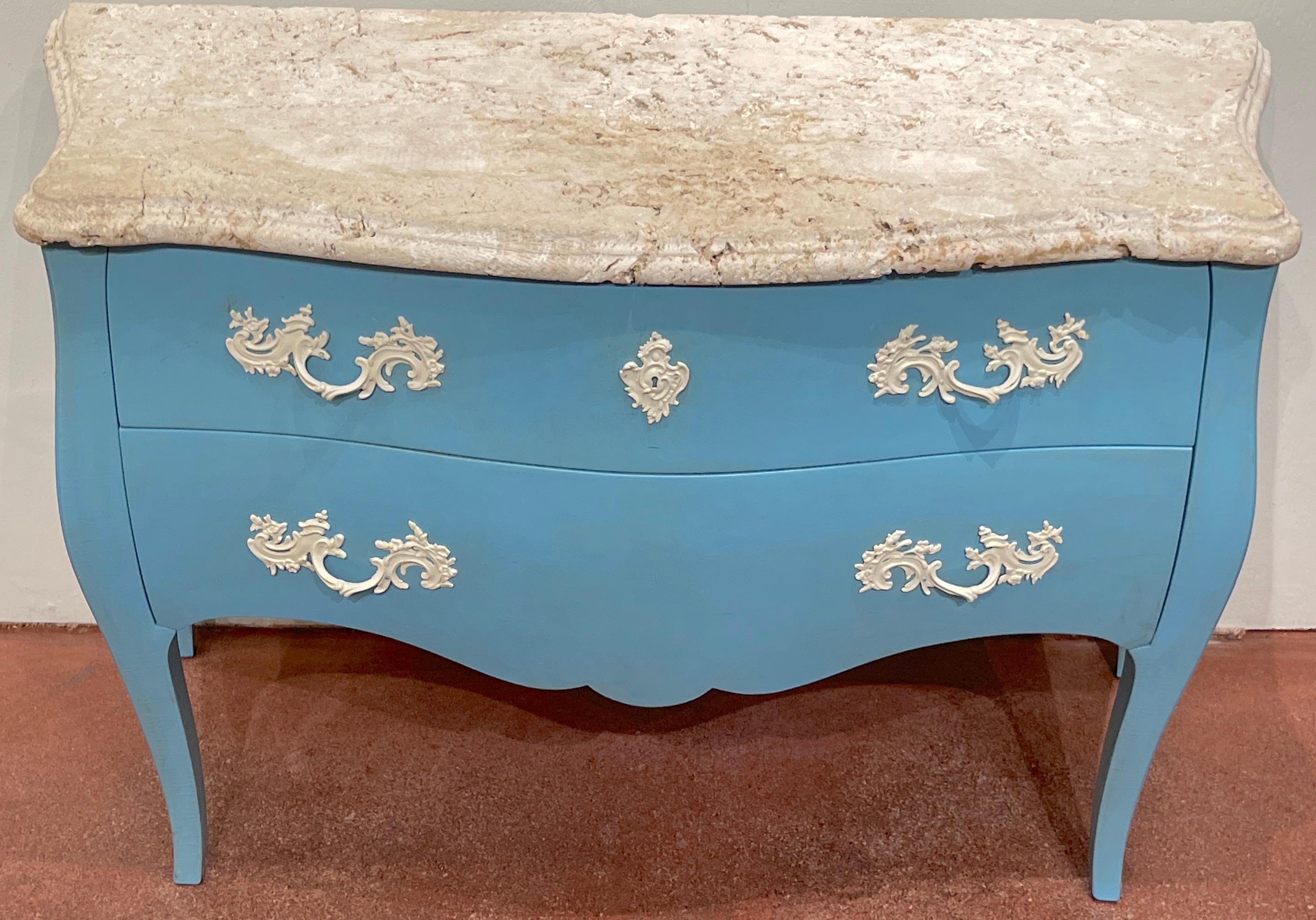 Carved Pair of 'Palm Beach Blue' Lacquered Commodes with Natural Coquina Stone For Sale