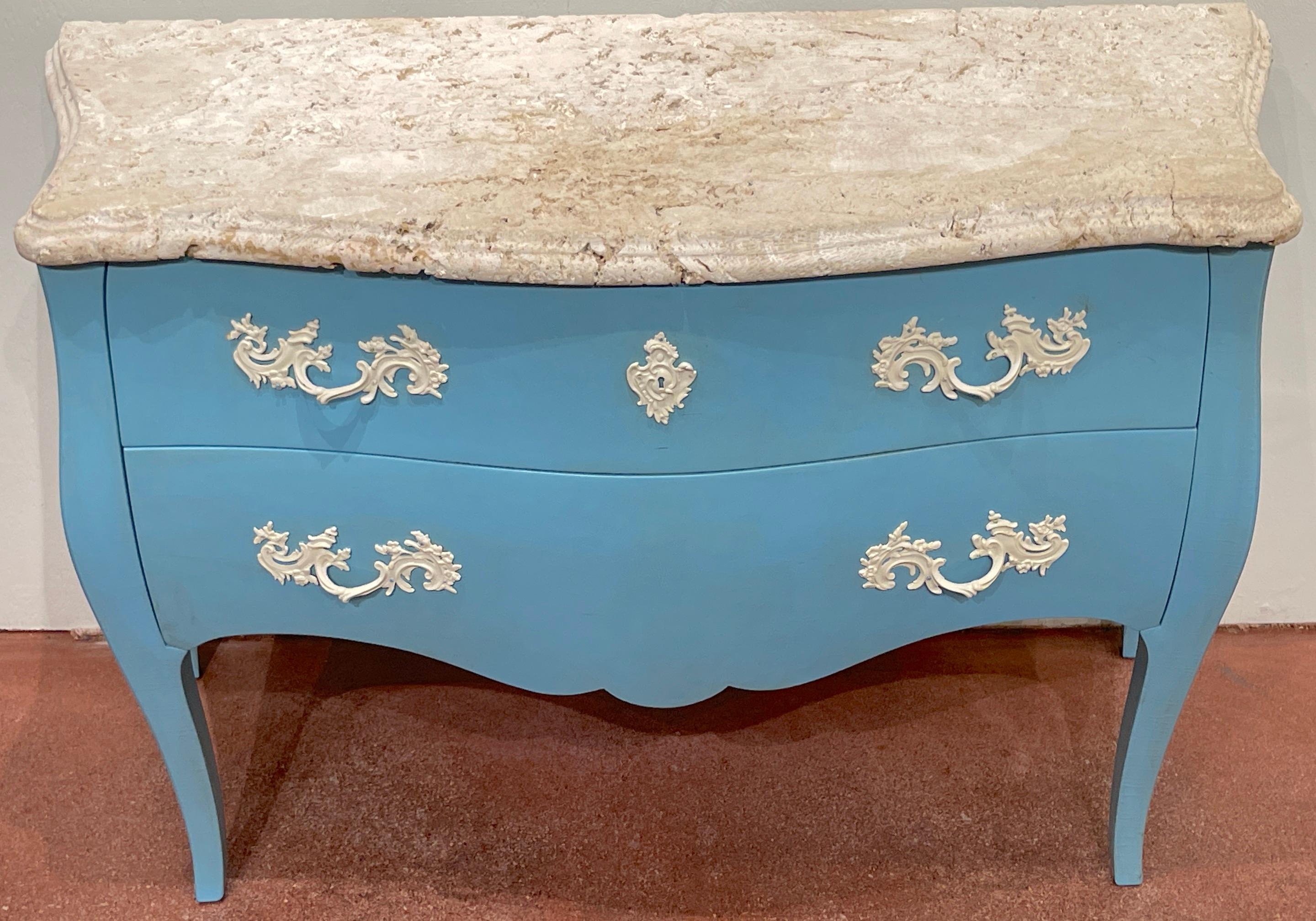Pair of 'Palm Beach Blue' Lacquered Commodes with Natural Coquina Stone In Good Condition For Sale In West Palm Beach, FL