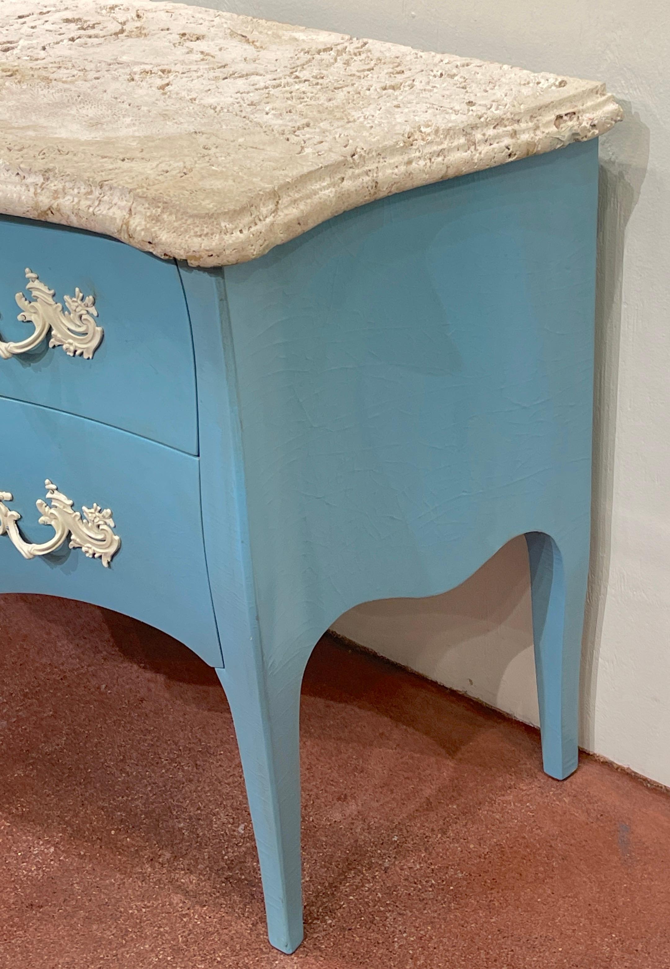 Metal Pair of 'Palm Beach Blue' Lacquered Commodes with Natural Coquina Stone For Sale