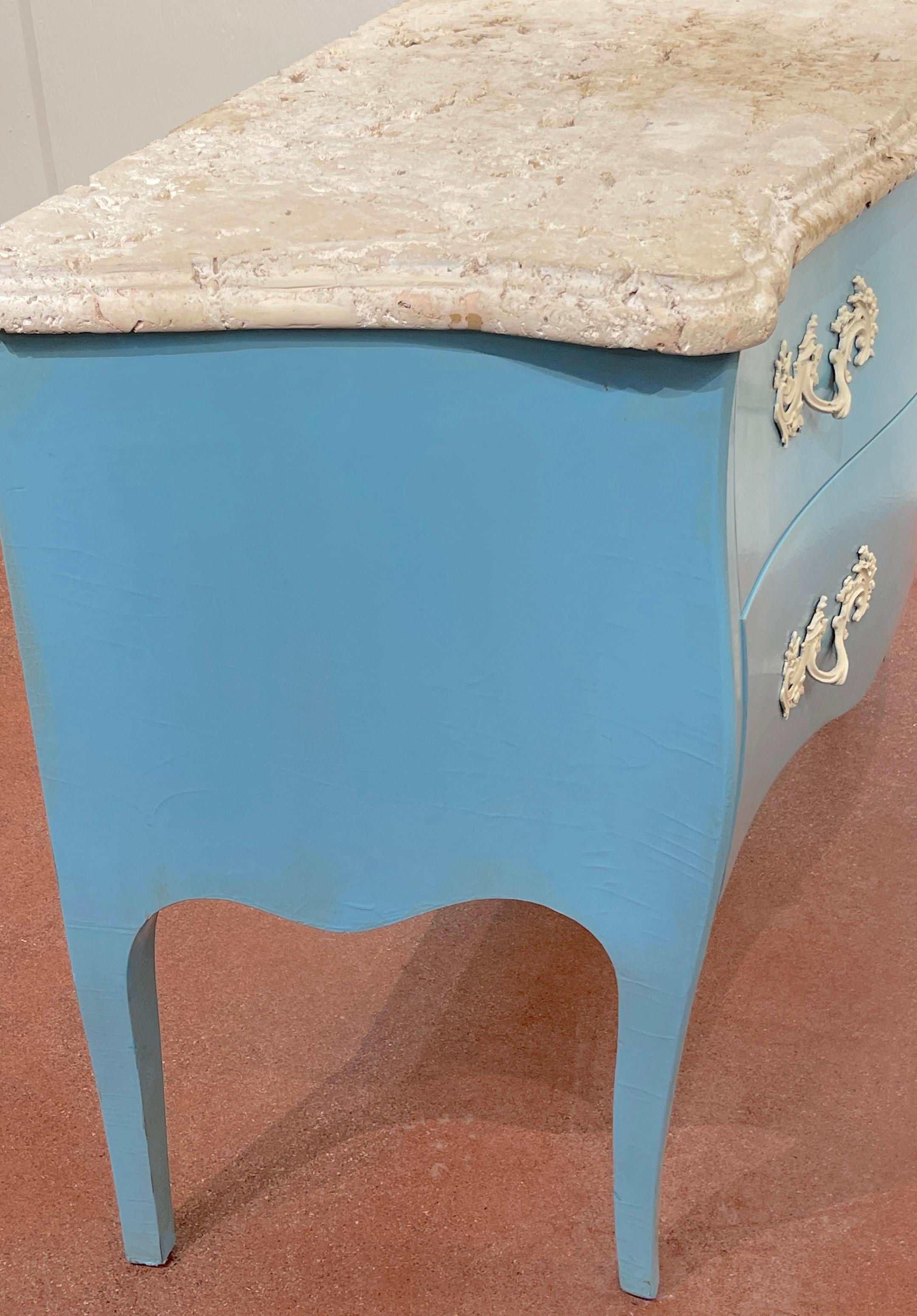 Pair of 'Palm Beach Blue' Lacquered Commodes with Natural Coquina Stone For Sale 1