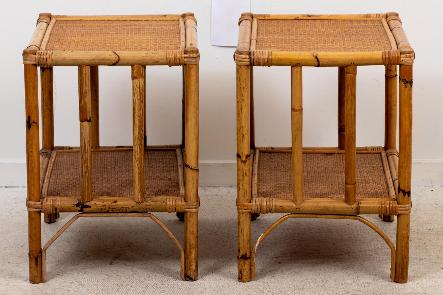 Pair of Palm Beach Regency Style Italian Rattan Bamboo Side Tables In Good Condition In Stamford, CT