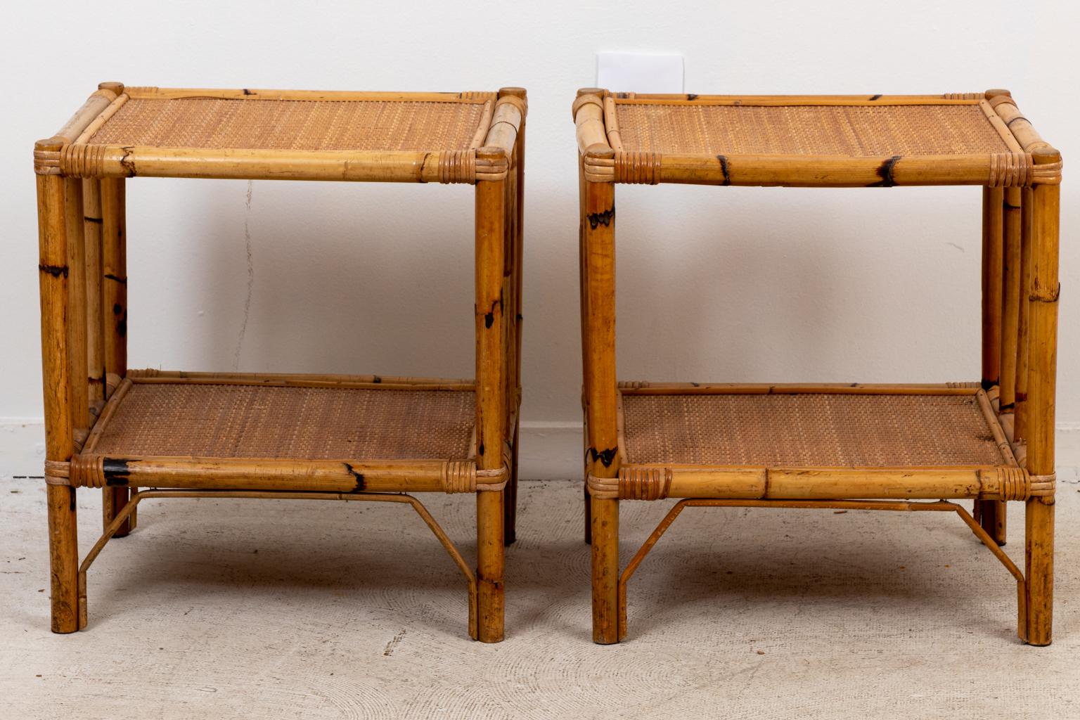 20th Century Pair of Palm Beach Regency Style Italian Rattan Bamboo Side Tables