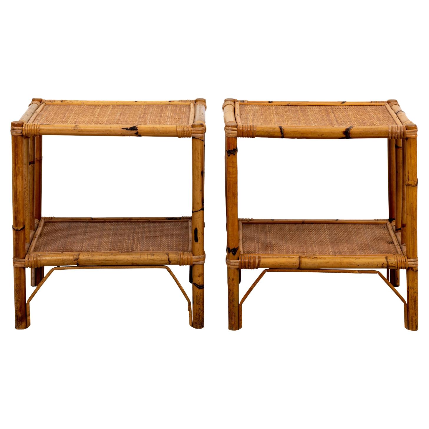 Pair of Palm Beach Regency Style Italian Rattan Bamboo Side Tables