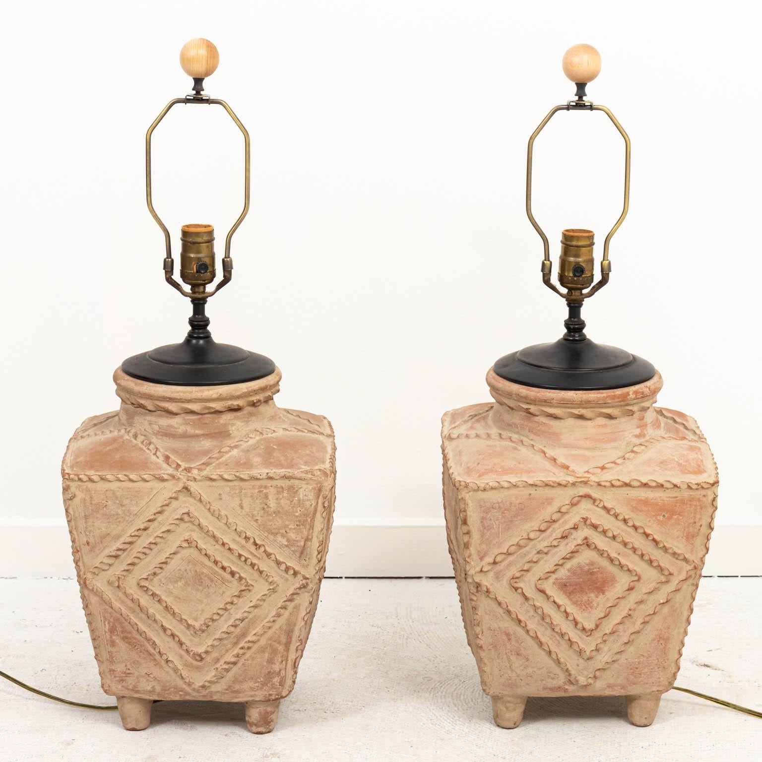 American Pair of Palm Beach Regency Style Terracotta Pottery Table Lamps