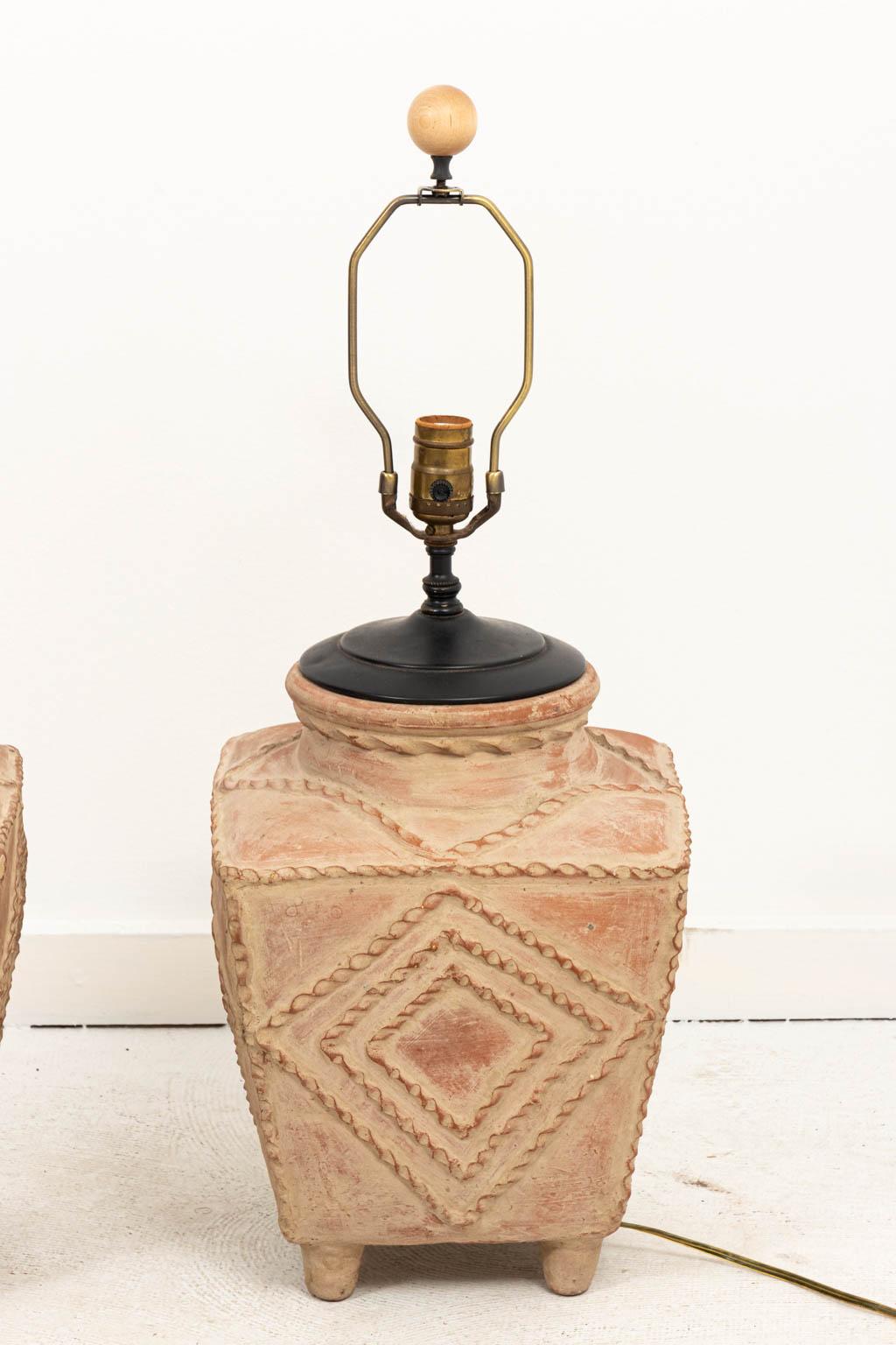 20th Century Pair of Palm Beach Regency Style Terracotta Pottery Table Lamps