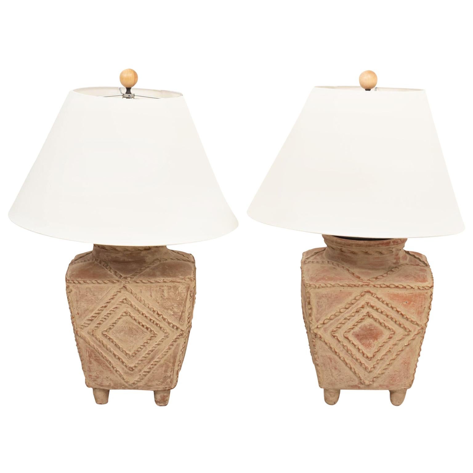 Pair of Palm Beach Regency Style Terracotta Pottery Table Lamps