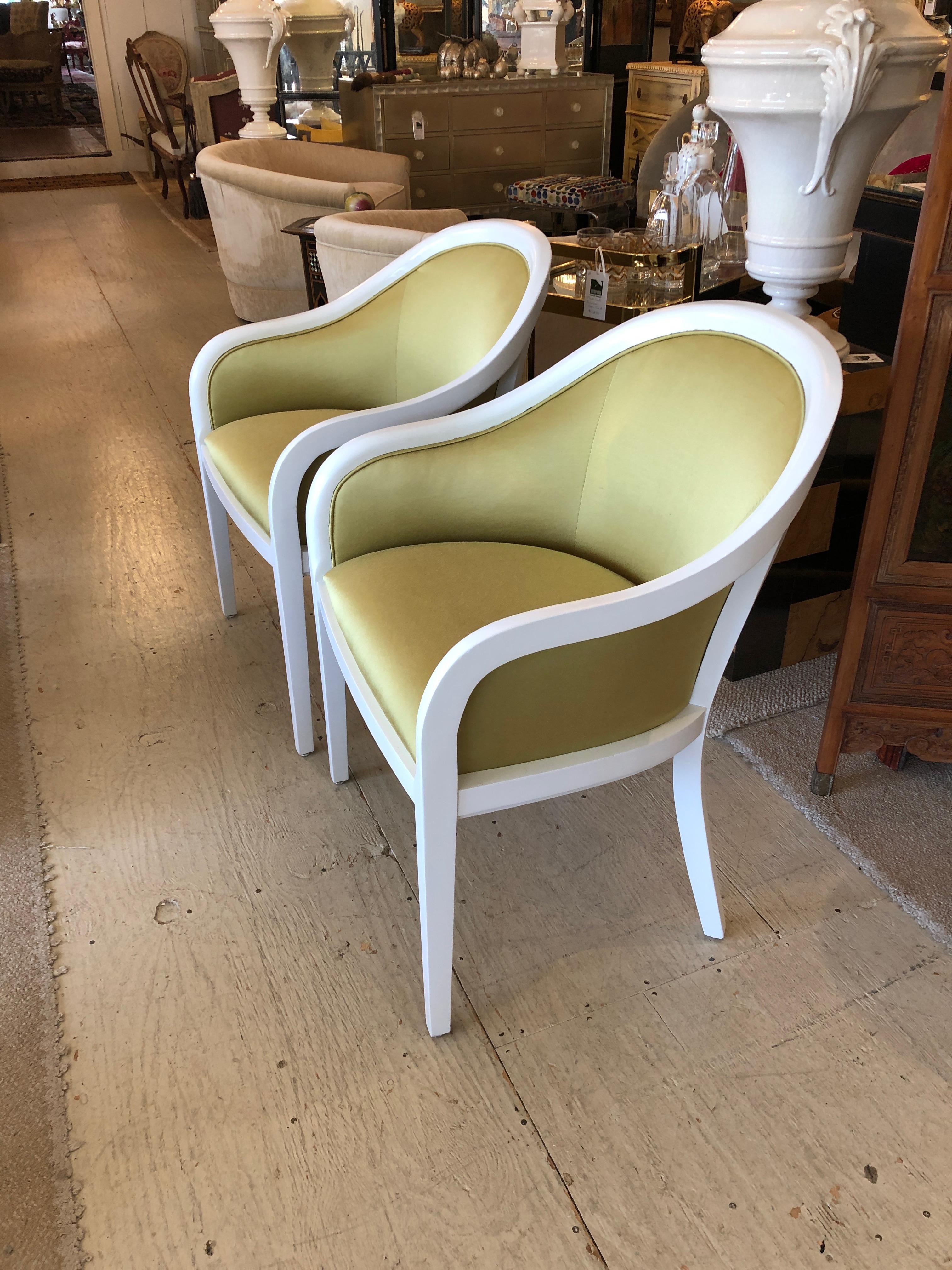 Pair of white lacquered occasional chairs by Bernhardt, tags removed, in new citron upholstery.