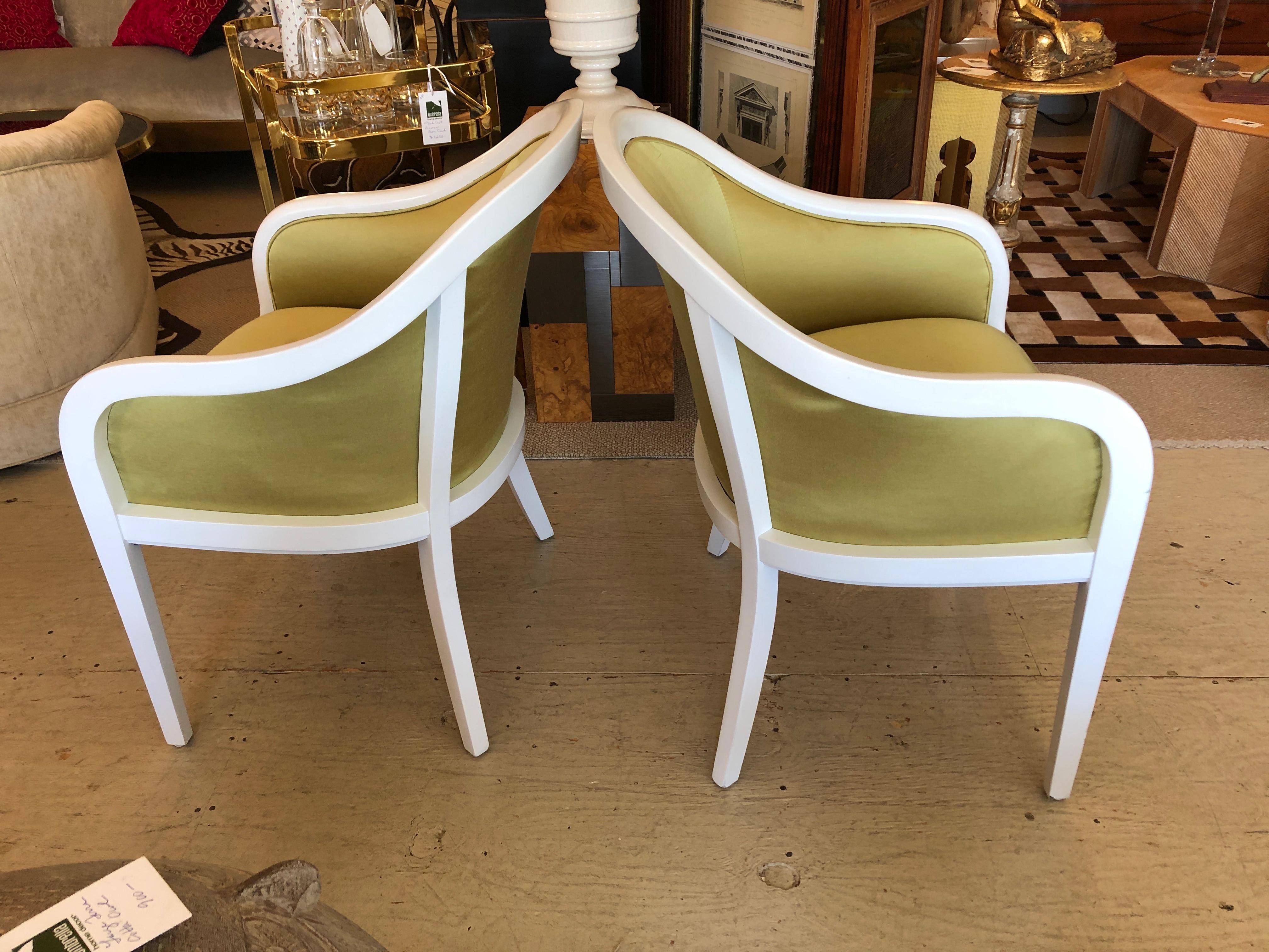 Pair of Palm Beachy White Laquer and Citron Silk Club Chairs 2