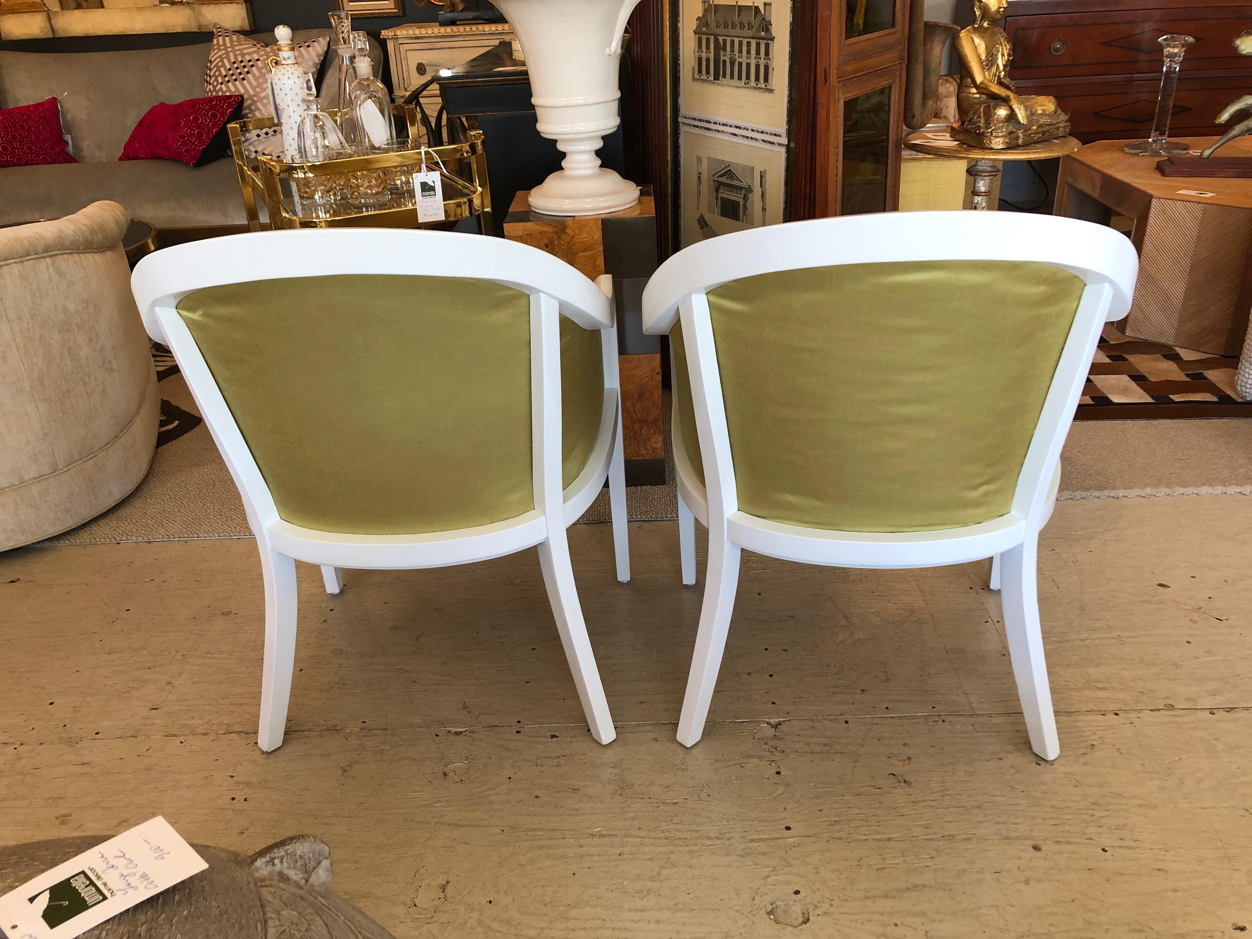 Pair of Palm Beachy White Laquer and Citron Silk Club Chairs 3