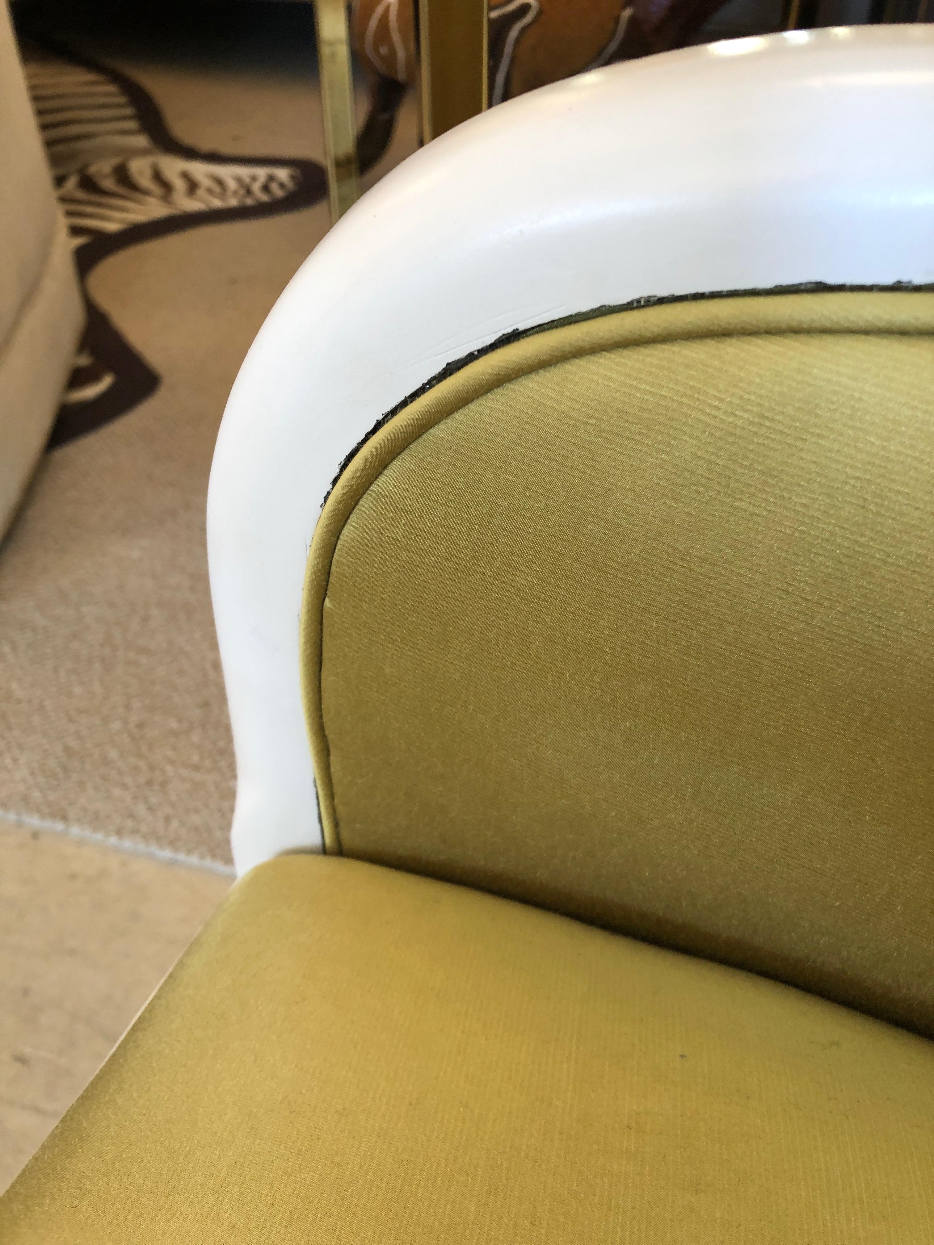 Pair of Palm Beachy White Laquer and Citron Silk Club Chairs 4