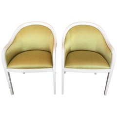 Pair of Palm Beachy White Laquer and Citron Silk Club Chairs