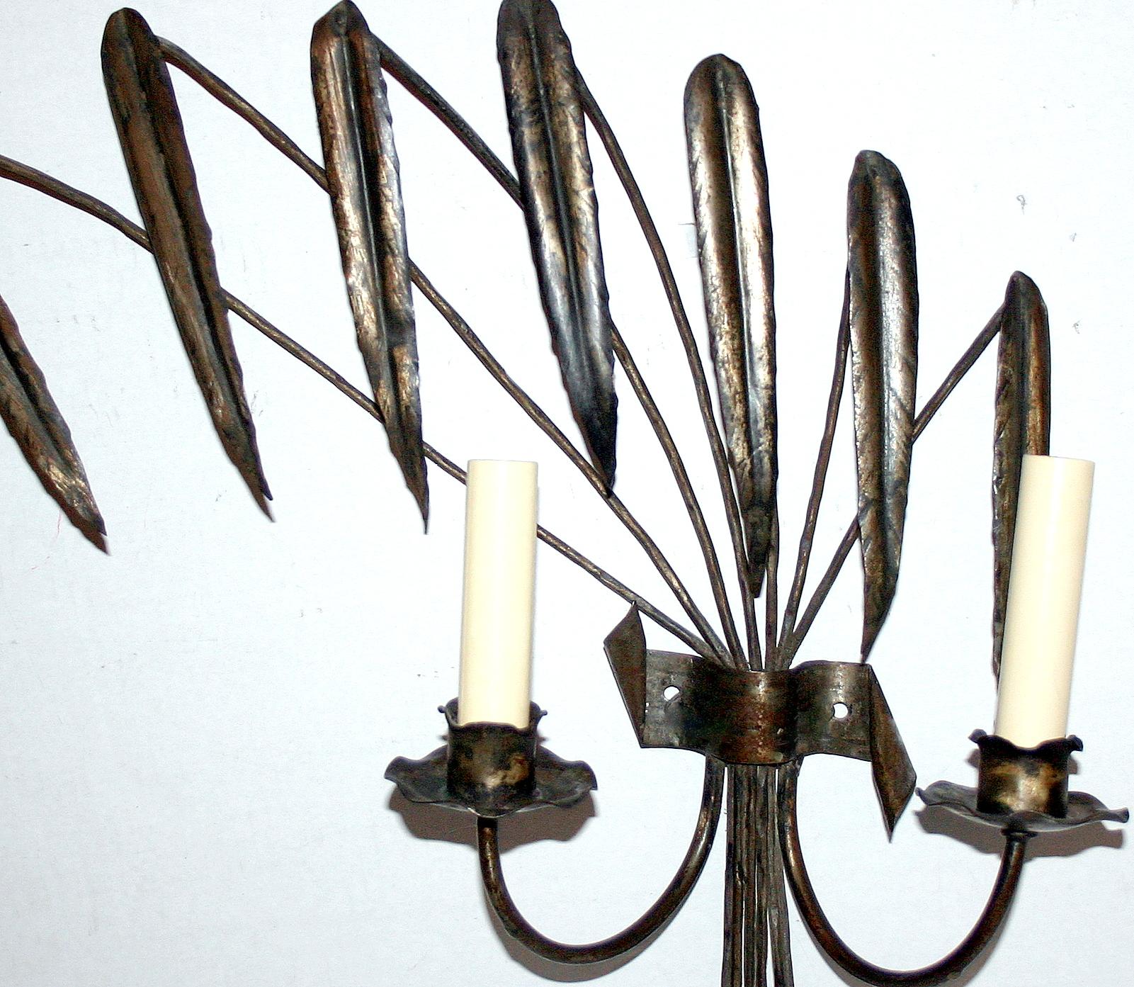 Pair of Palm Frond Metal Sconces In Good Condition For Sale In New York, NY