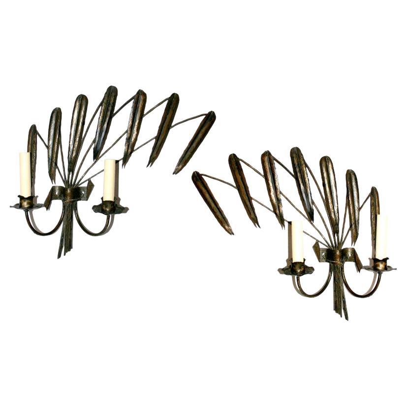 Pair of Palm Frond Metal Sconces For Sale