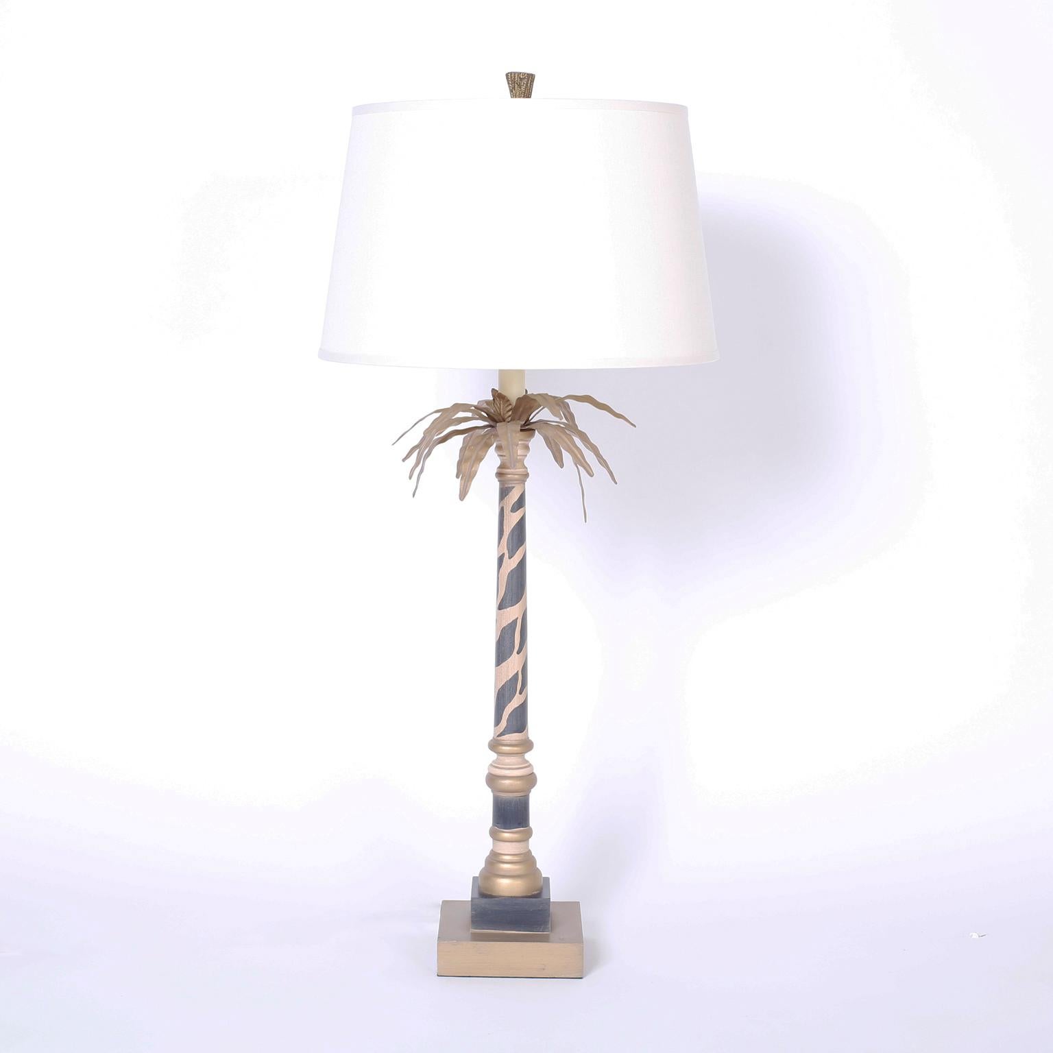 Pair Of Palm Leaf And Faux Giraffe Print Table Lamps For Sale At