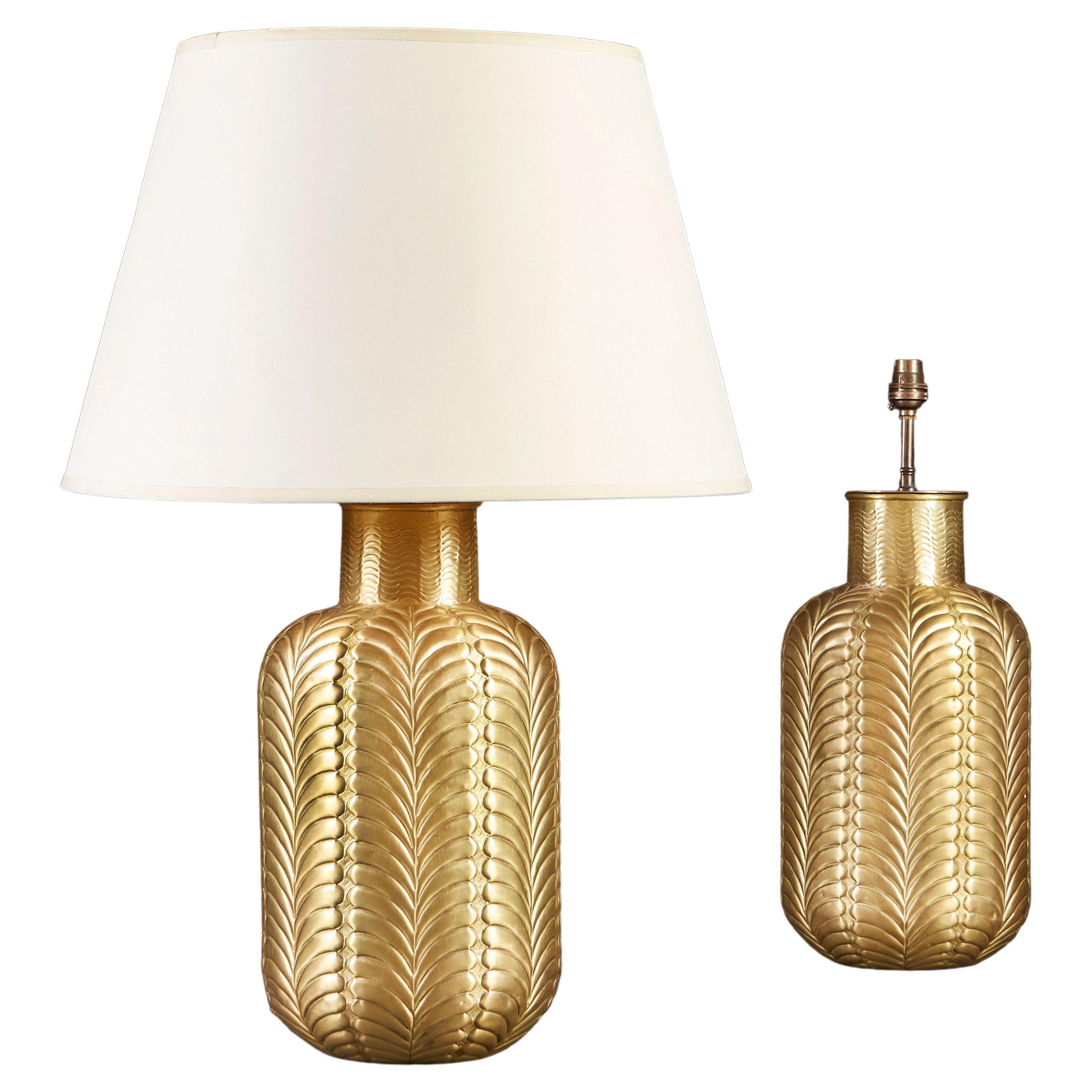 Pair of Palm Leaf Pattern Brass Lamps For Sale