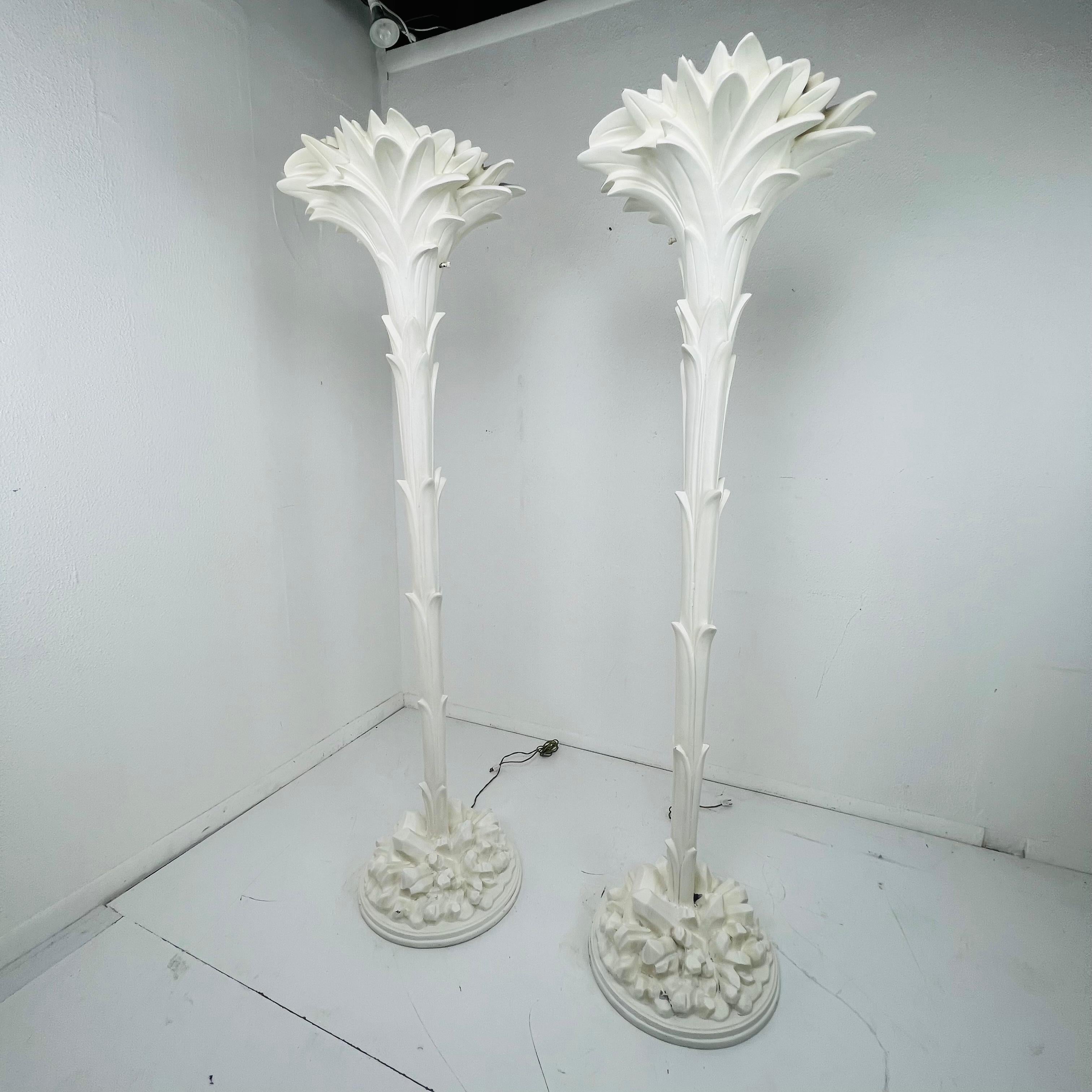 Plaster Pair of Palm Leaf Torchiere Lamps in the Manner of Serge Roche