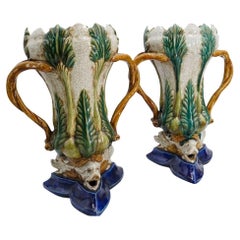 Pair of Palm Motif Majolica Glazed Vases With Dolphin Base