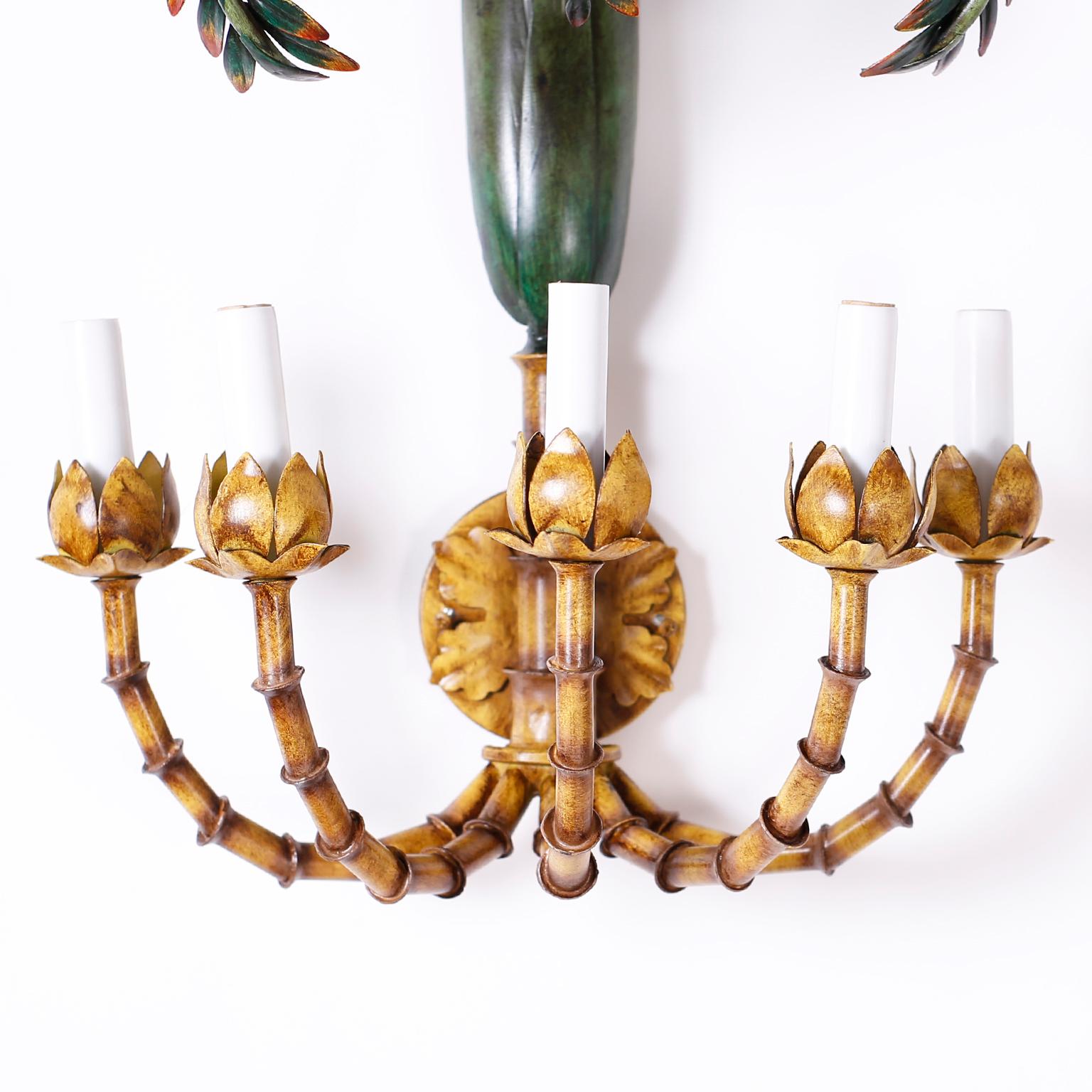 British Colonial Pair of Palm Tree and Faux Bamboo Tole Wall Sconces