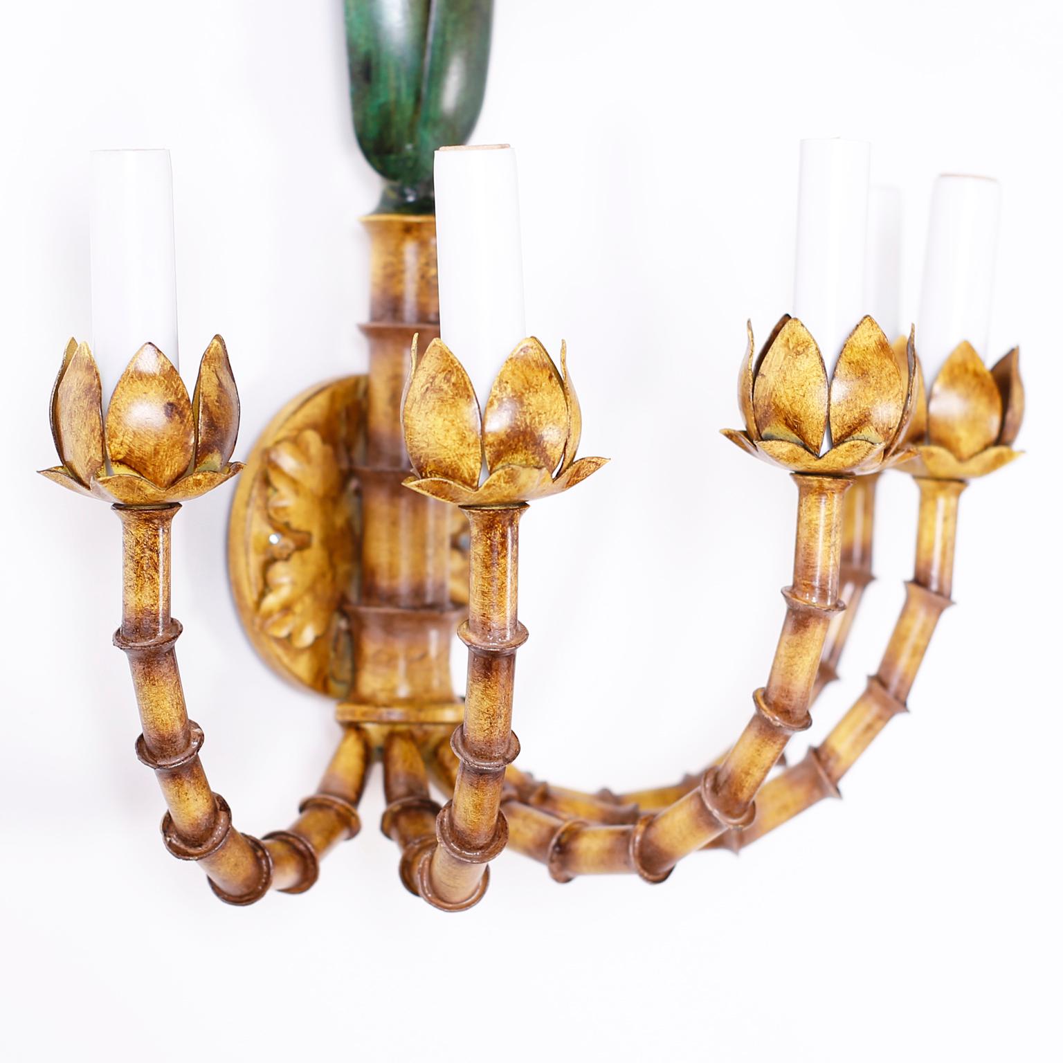 Italian Pair of Palm Tree and Faux Bamboo Tole Wall Sconces