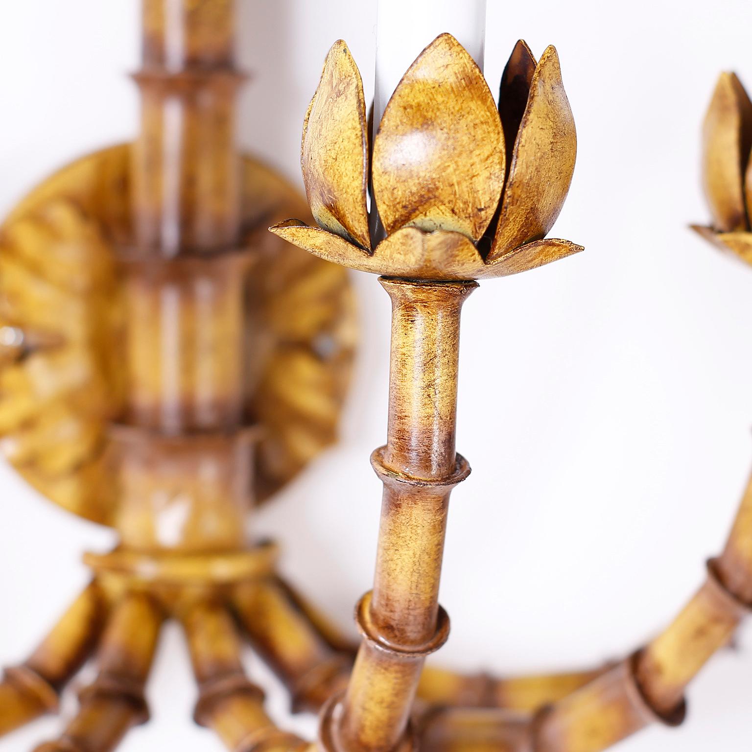 Hand-Painted Pair of Palm Tree and Faux Bamboo Tole Wall Sconces