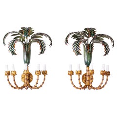 Pair of Palm Tree and Faux Bamboo Tole Wall Sconces