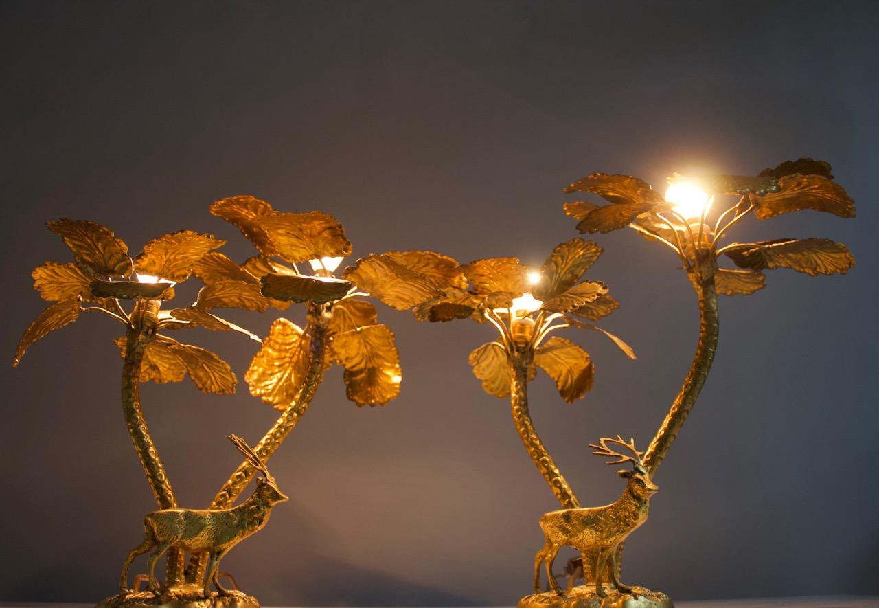 Pair of Palm Tree Brass Tables Lamps with a Deer, 1970s 4