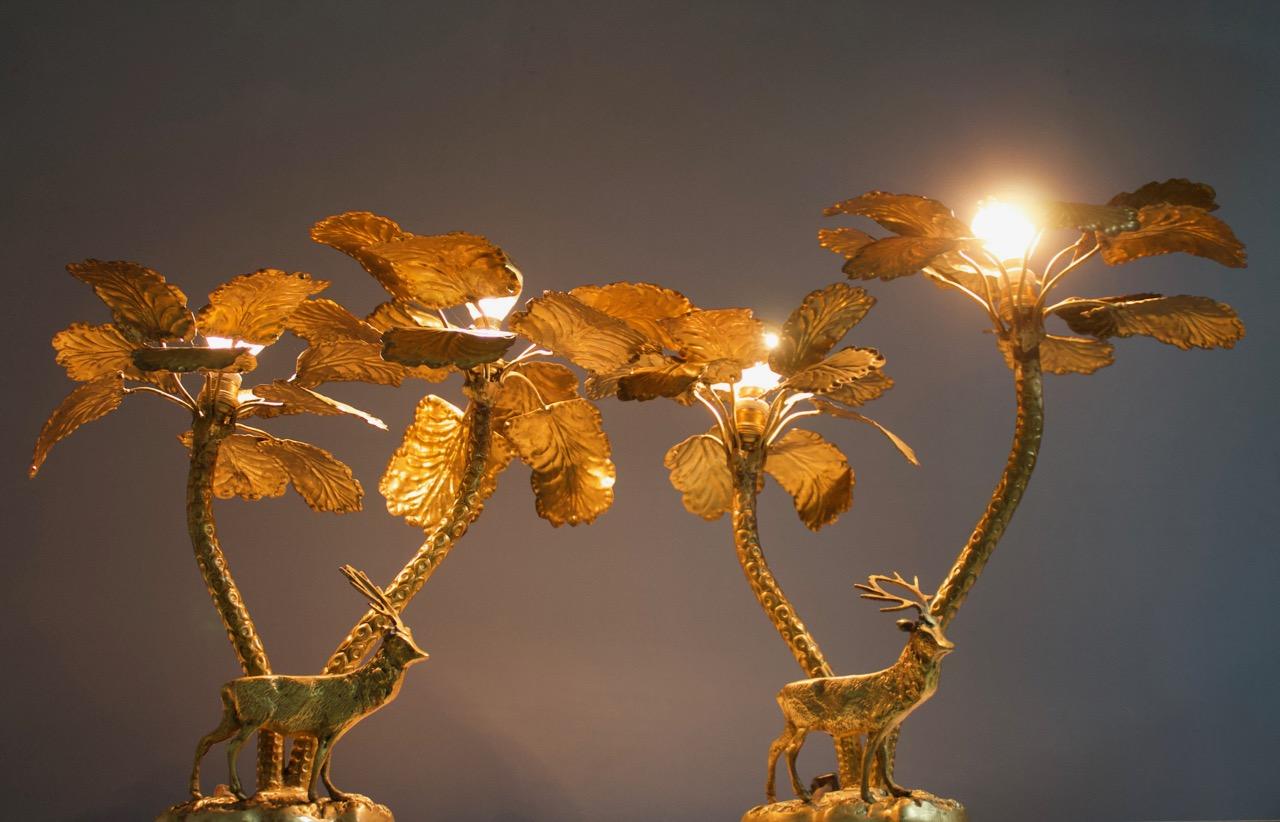 Pair of Palm Tree Brass Tables Lamps with a Deer, 1970s 5