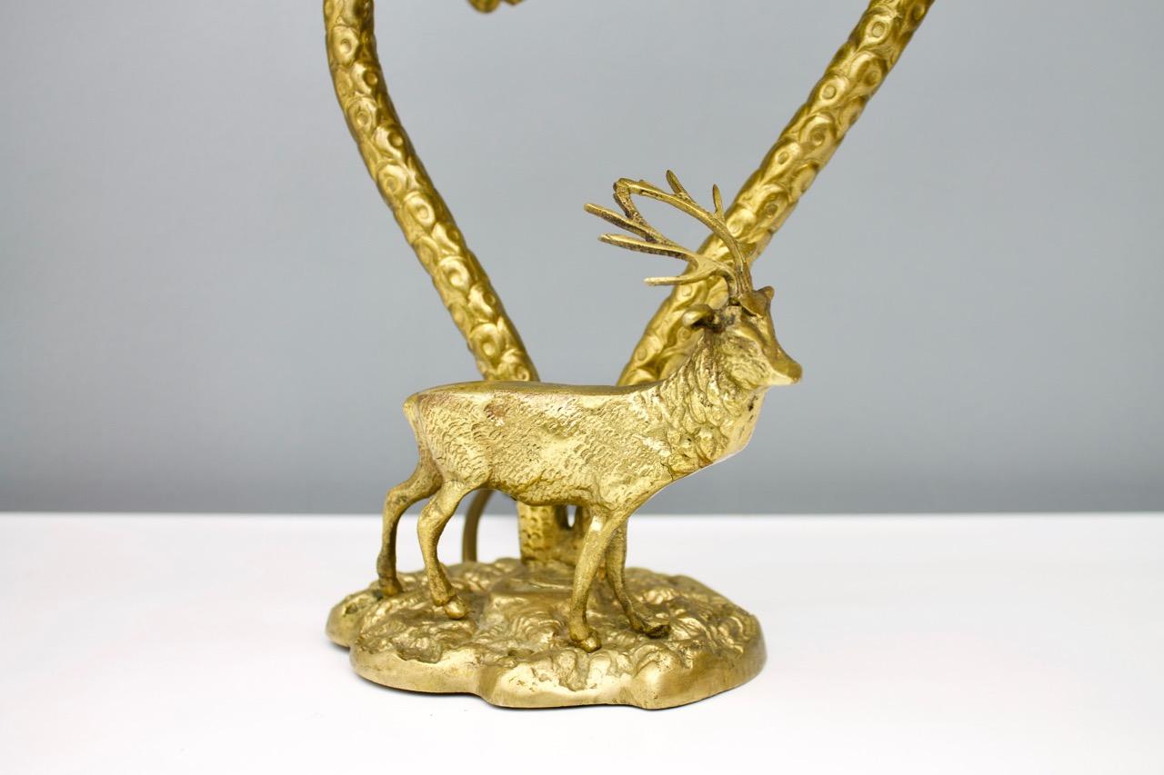 Hollywood Regency Pair of Palm Tree Brass Tables Lamps with a Deer, 1970s