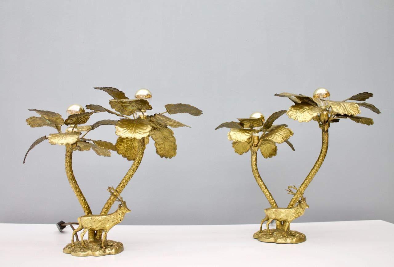 Pair of Palm Tree Brass Tables Lamps with a Deer, 1970s 2