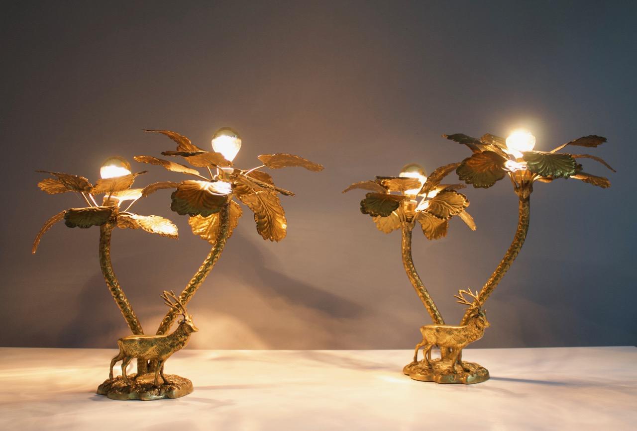 Pair of Palm Tree Brass Tables Lamps with a Deer, 1970s 3