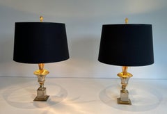 Pair of Palm Tree Chrome & Brass Table Lamps in the Style of Maison Charles