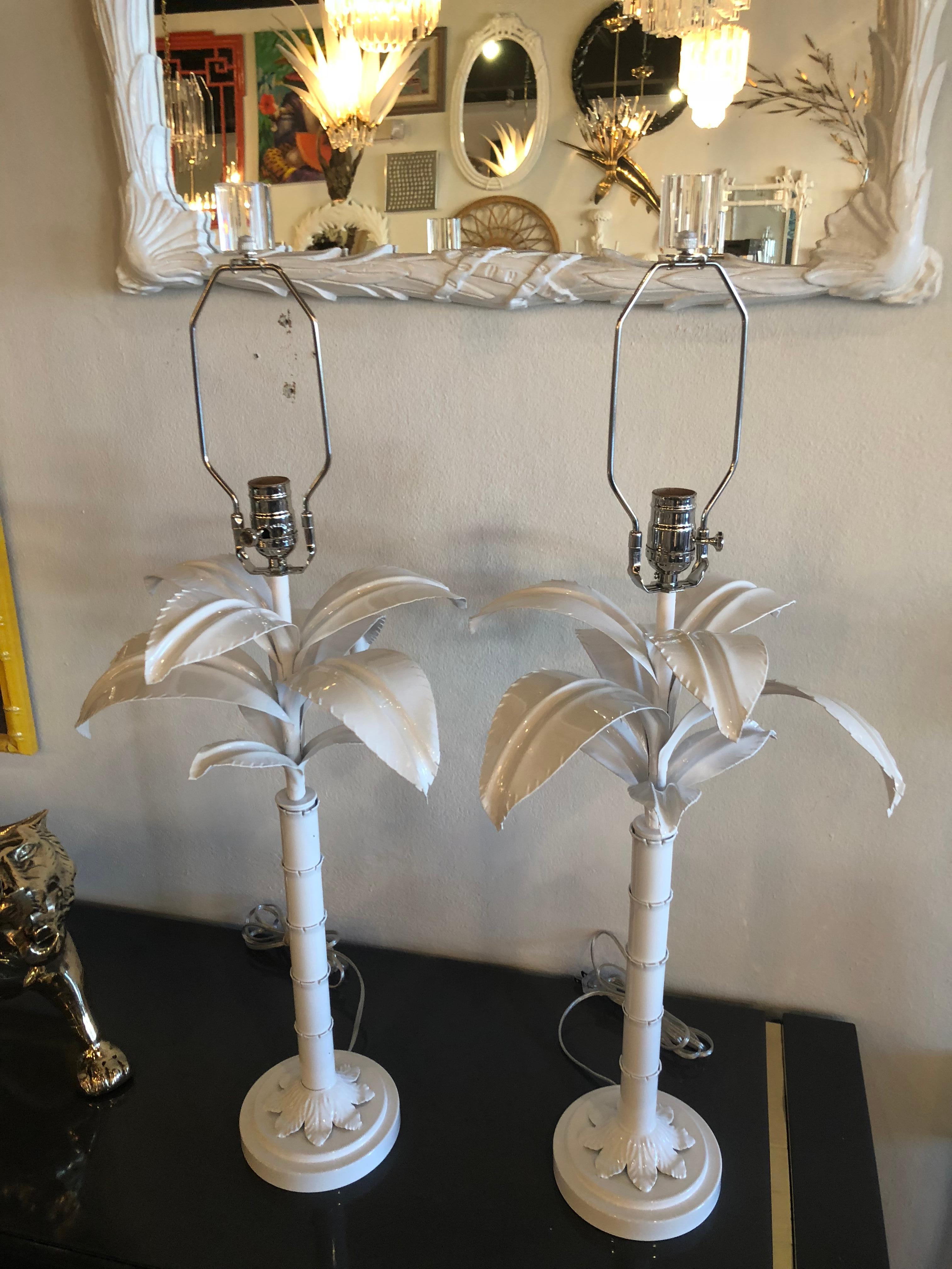 Pair of Palm Tree Frond Leaf Metal Tole Table Lamps White 4