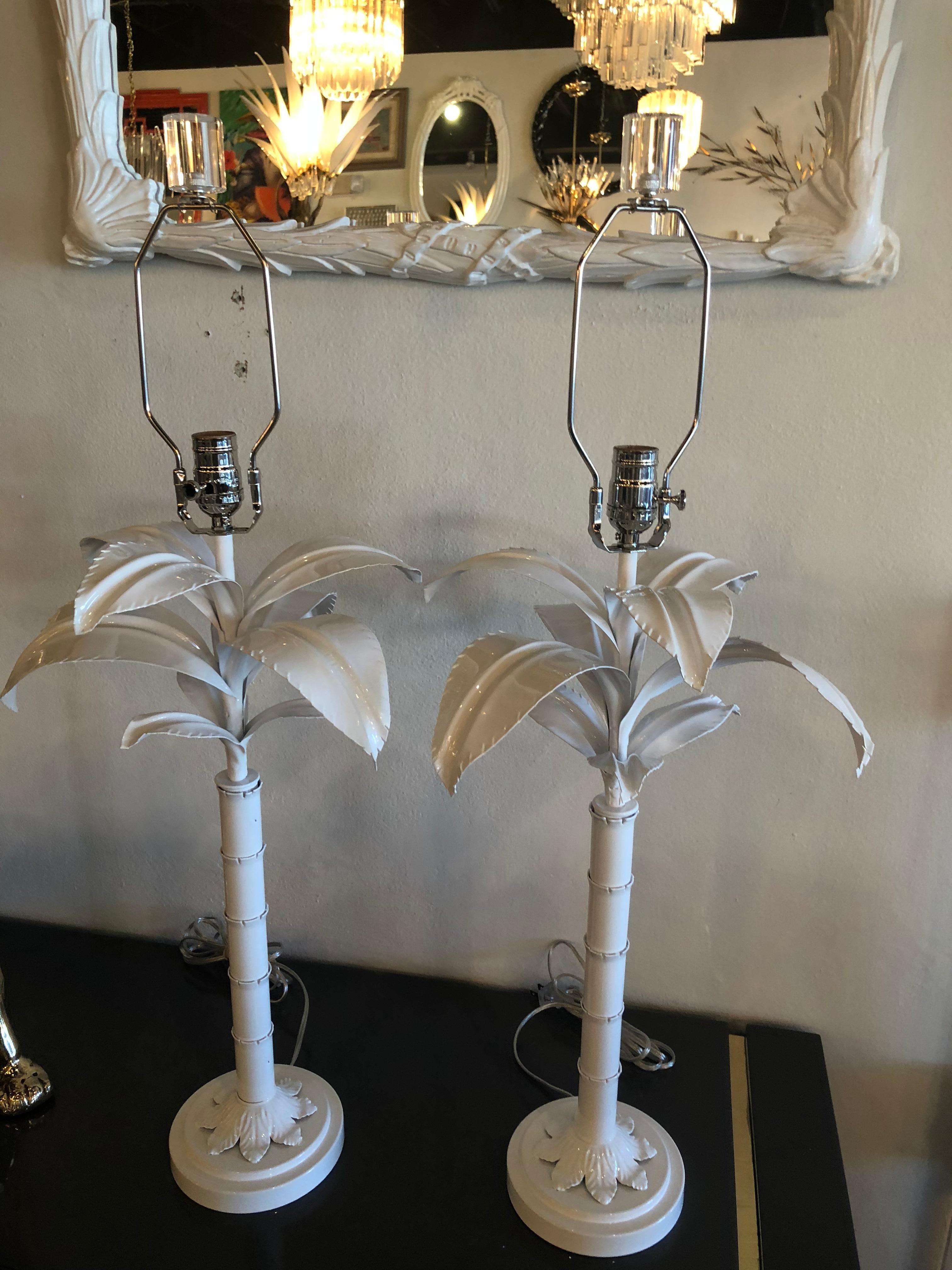 Pair of Palm Tree Frond Leaf Metal Tole Table Lamps White 5