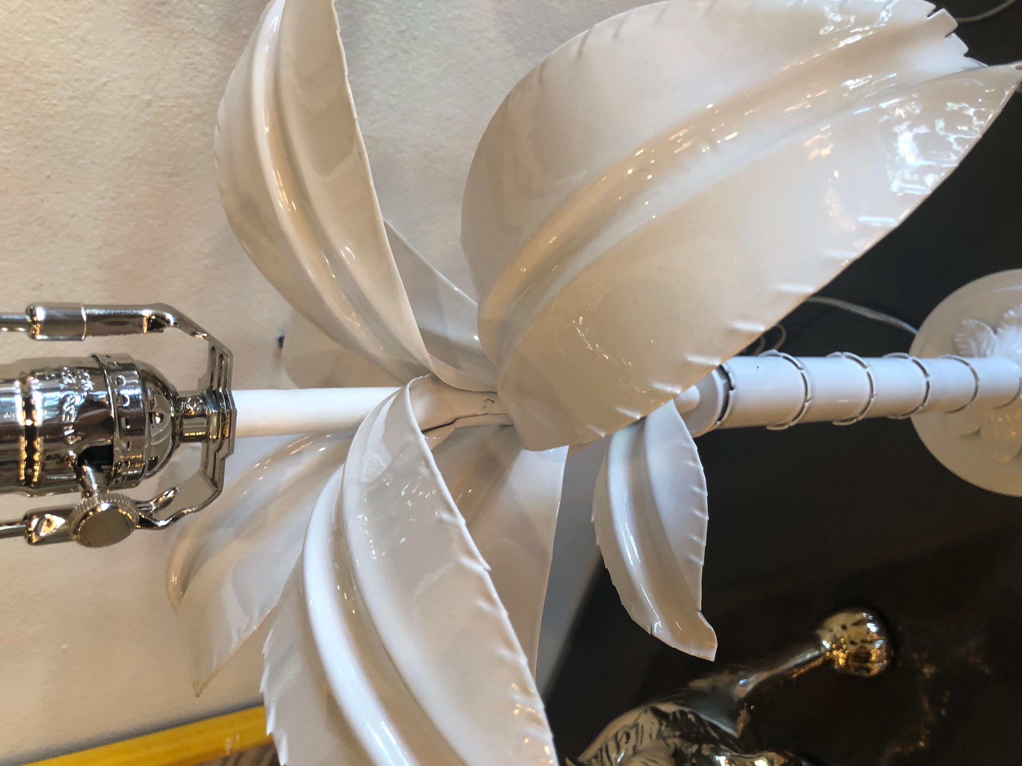 Pair of Palm Tree Frond Leaf Metal Tole Table Lamps White 2