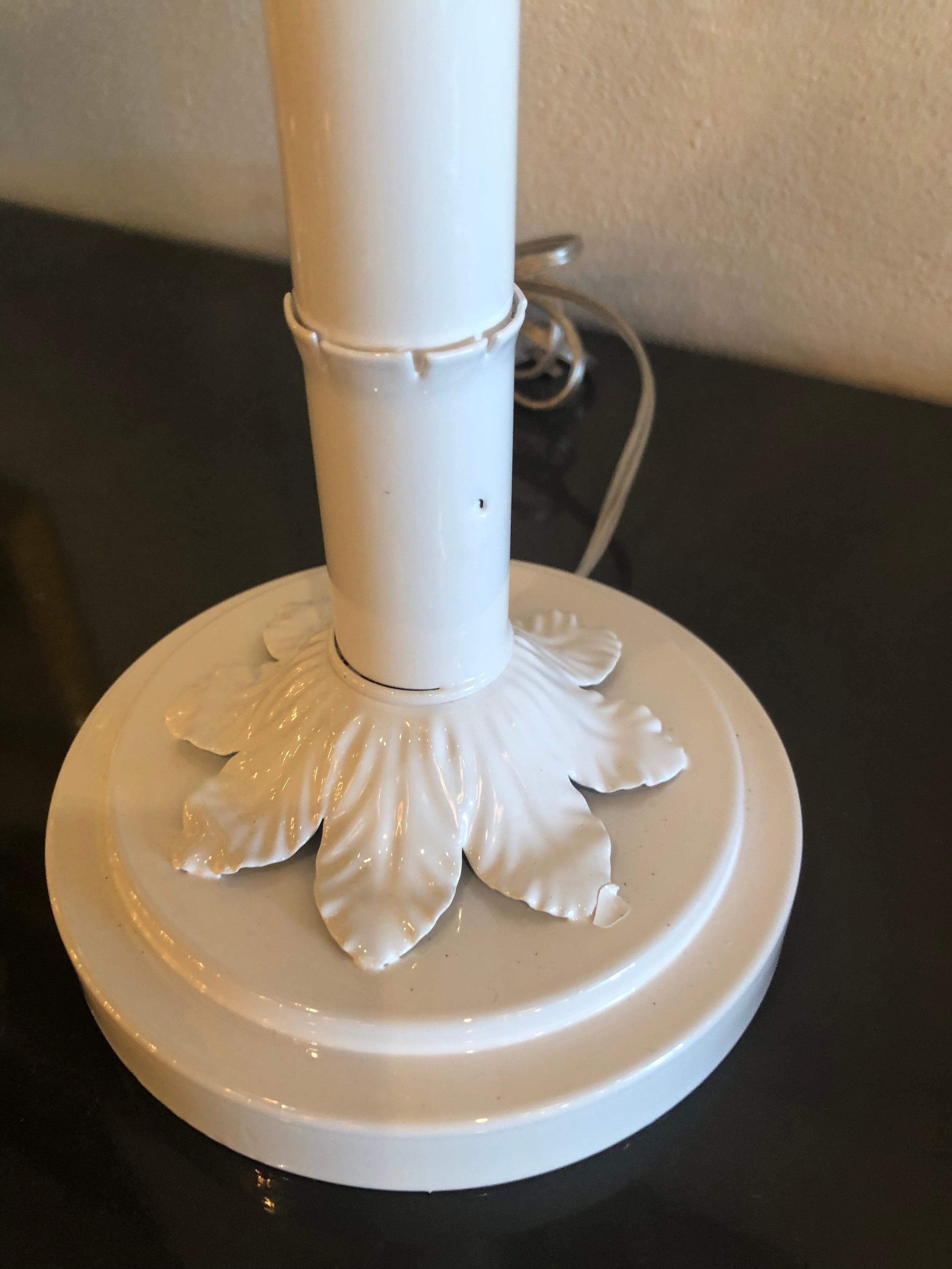 Pair of Palm Tree Frond Leaf Metal Tole Table Lamps White 3