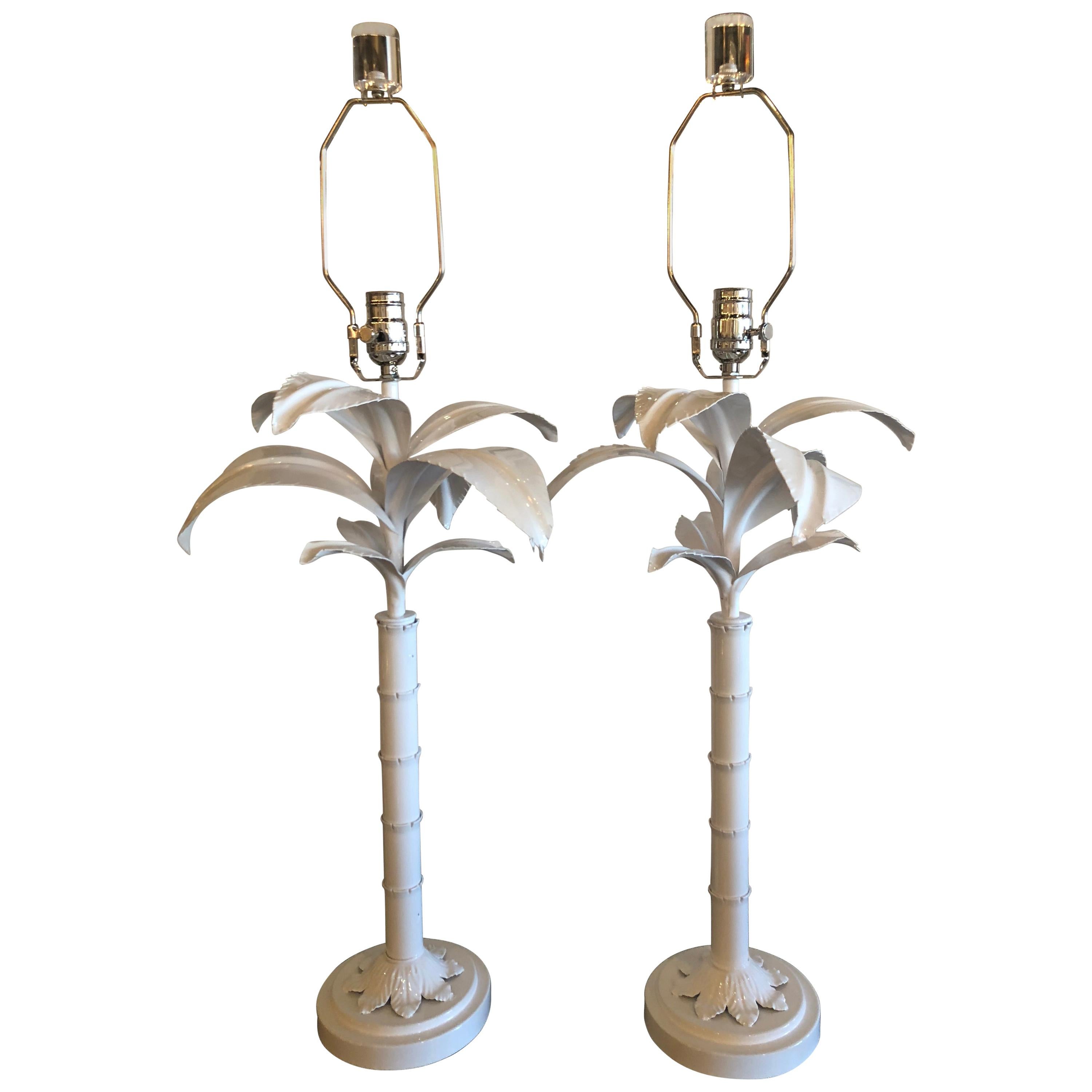 Pair of Palm Tree Frond Leaf Metal Tole Table Lamps White