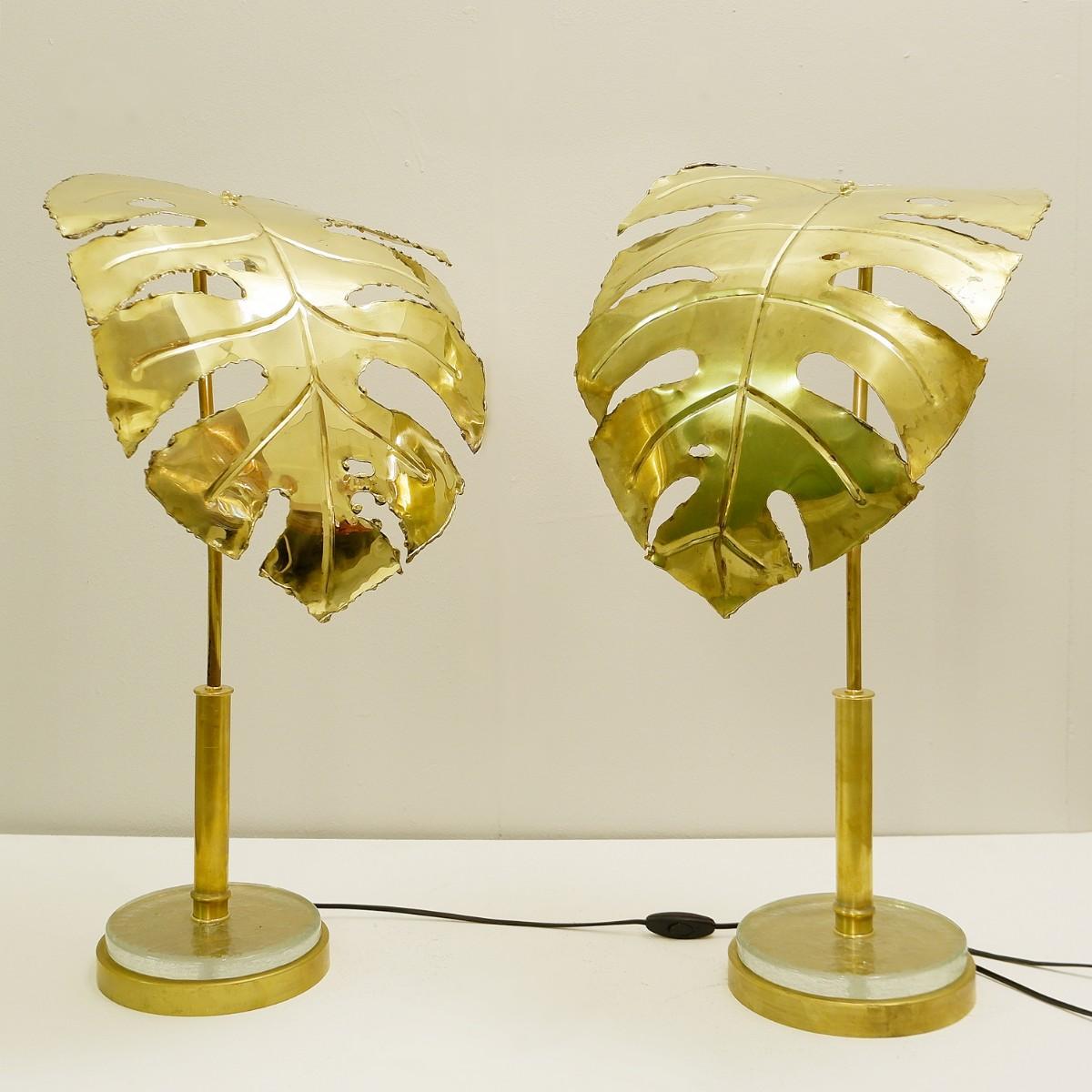 Pair of palm tree gold table lamps.