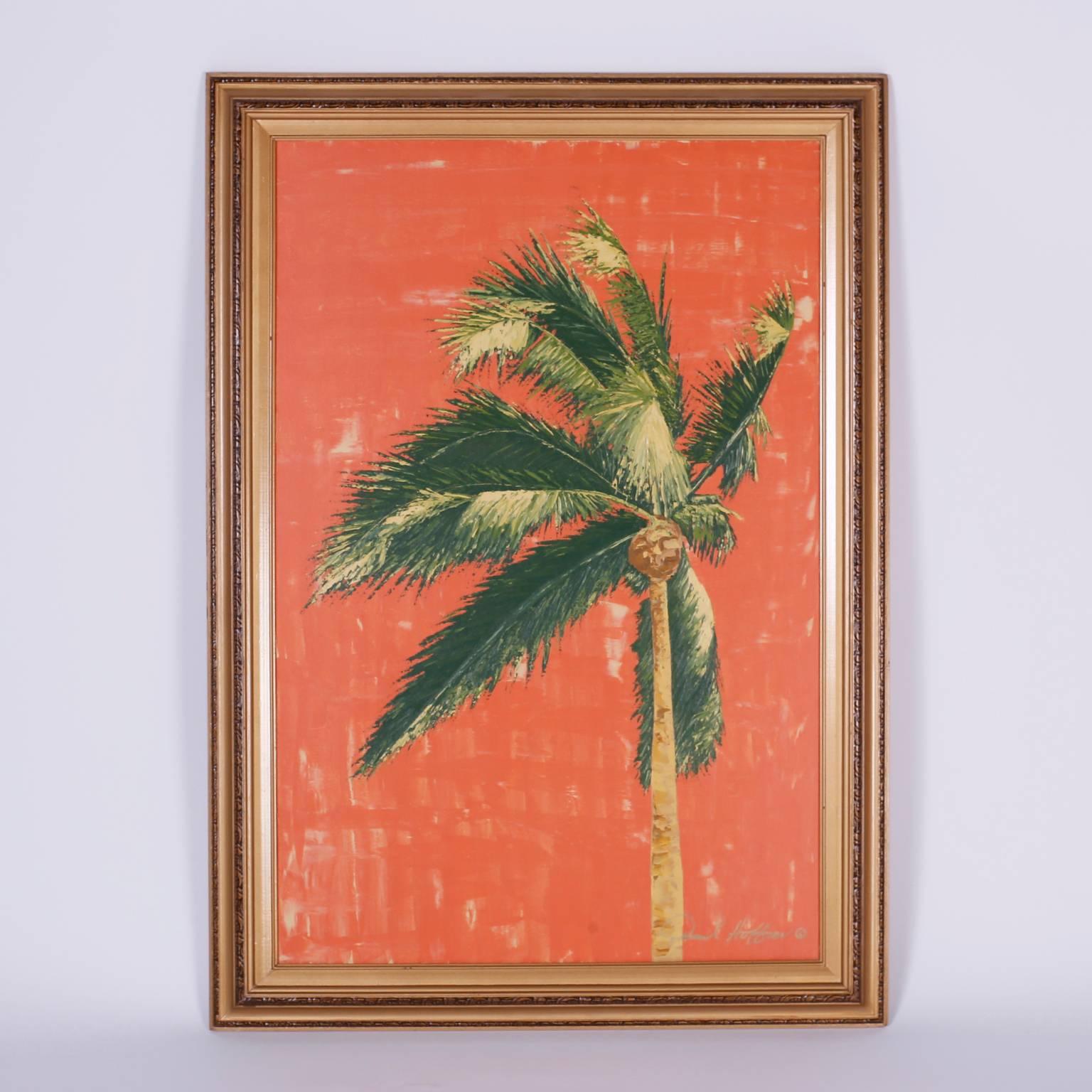 Zwei tropische Gemälde aus Acryl auf Leinwand mit einem kühnen modernistischen Ansatz und viel dekorativem Reiz. Signiert David Hoffman und präsentiert in geschnitzten Holzrahmen.