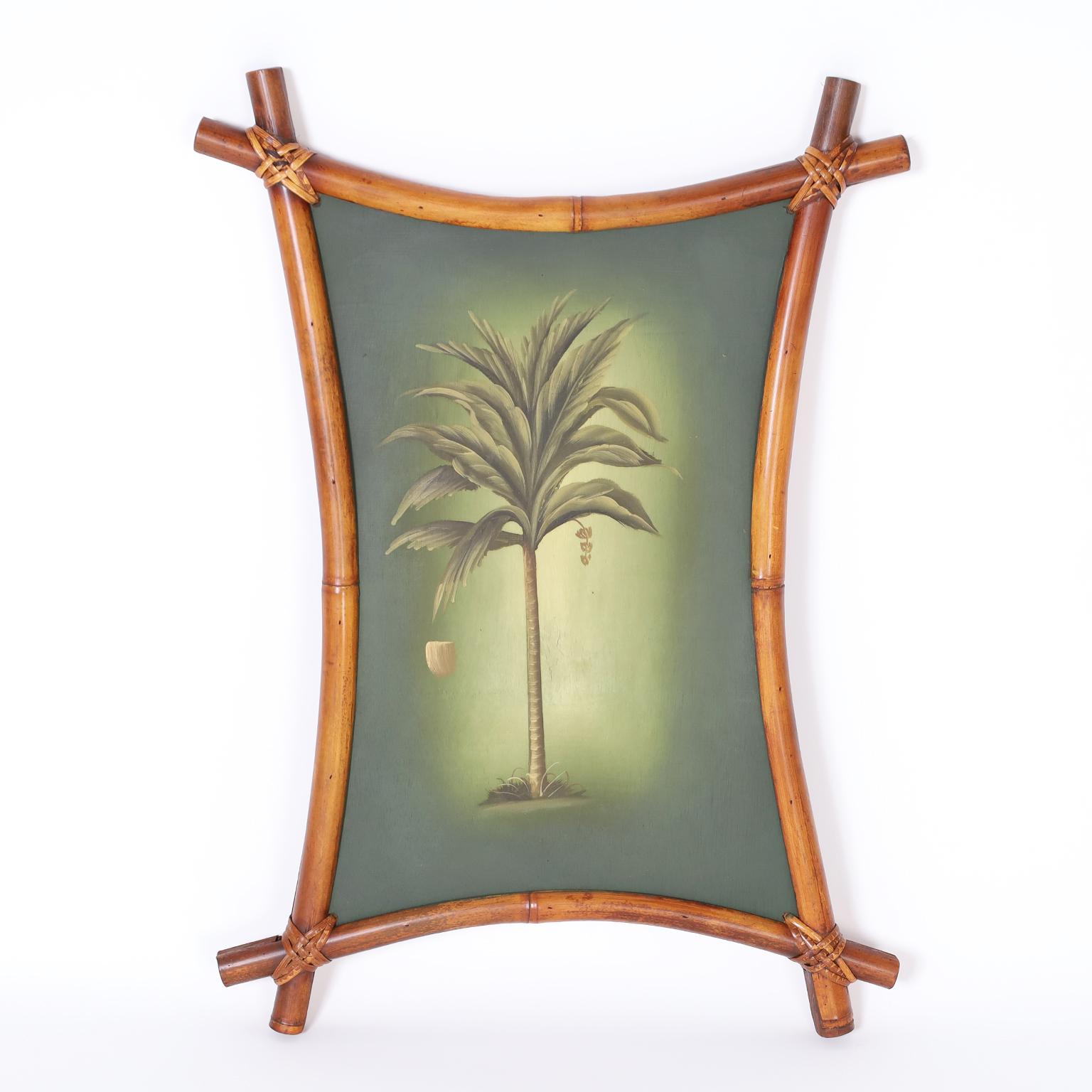 Mid-Century Modern Pair of Palm Tree Paintings in Bamboo Frames
