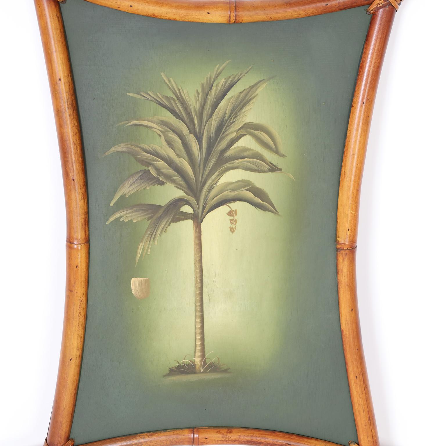 American Pair of Palm Tree Paintings in Bamboo Frames