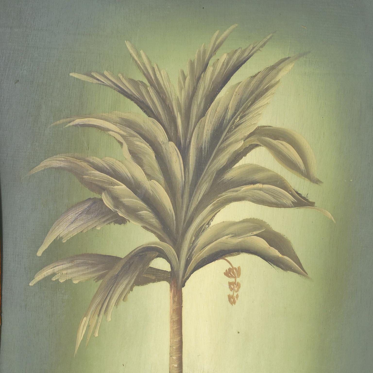Hand-Painted Pair of Palm Tree Paintings in Bamboo Frames