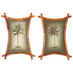 Pair of Palm Tree Paintings with Bamboo Frames