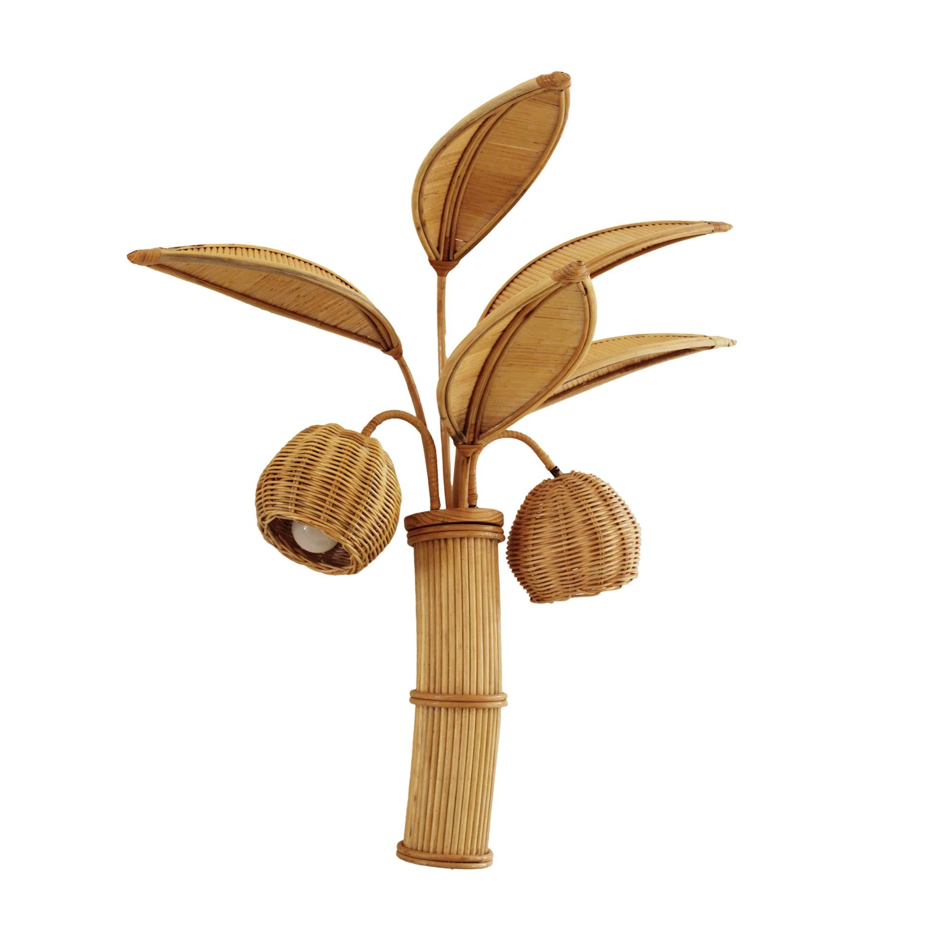 French  Pair of Palm Tree Rattan Sconces