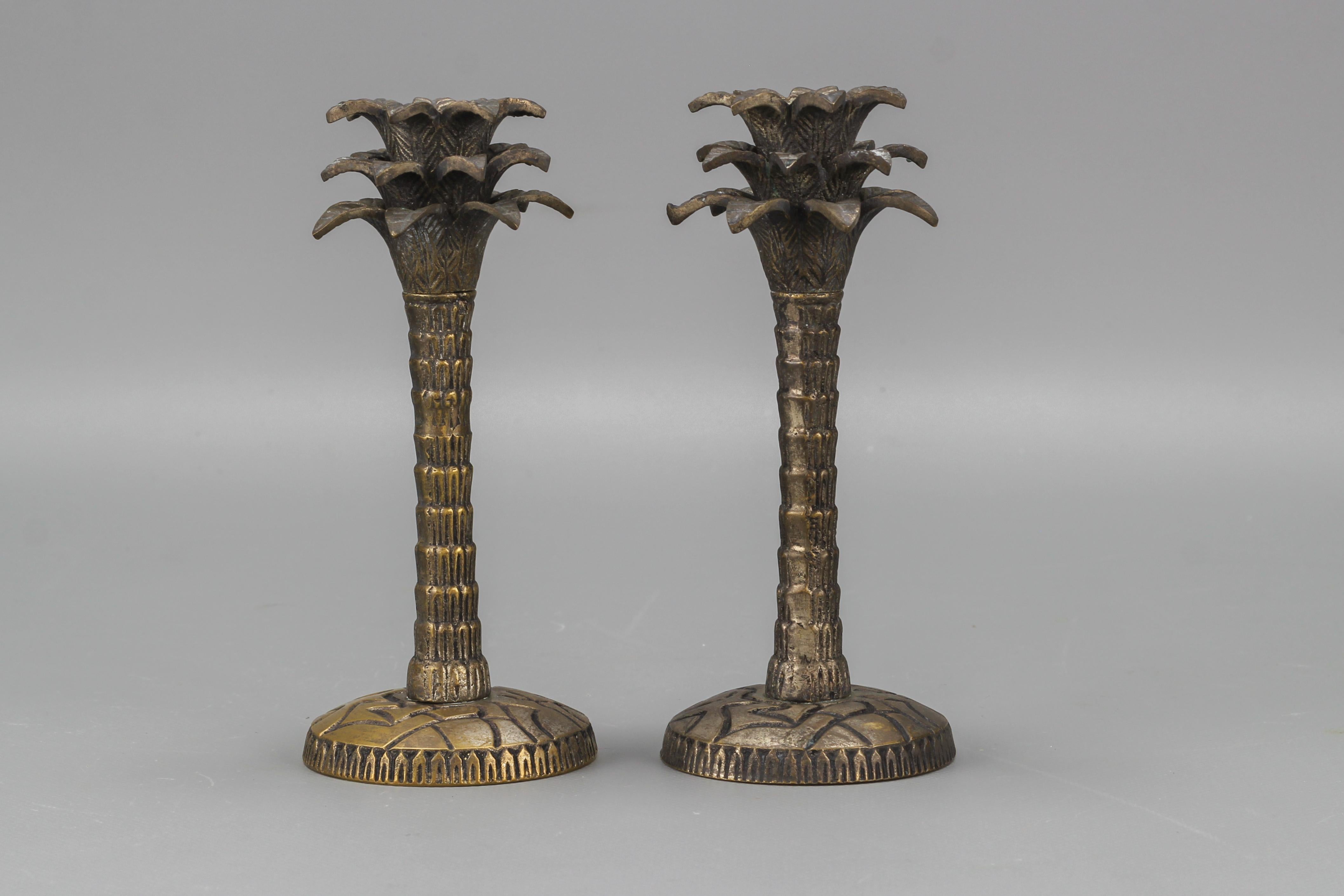 Hollywood Regency Pair of Palm Tree Shaped White Bronze Candlesticks