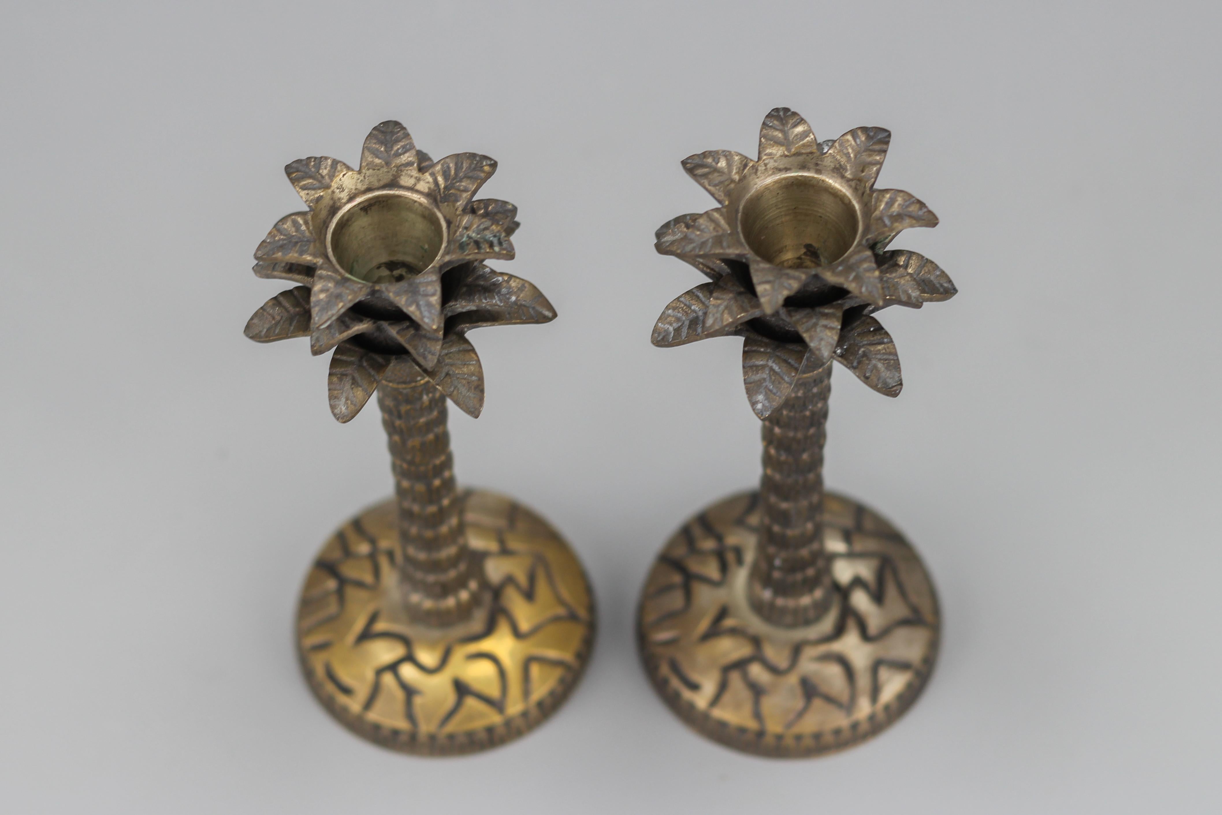 Mid-20th Century Pair of Palm Tree Shaped White Bronze Candlesticks