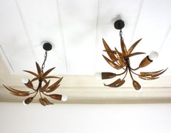 Pair of Palmette Chandeliers or Pendants in Gilt Iron with Leaves Design