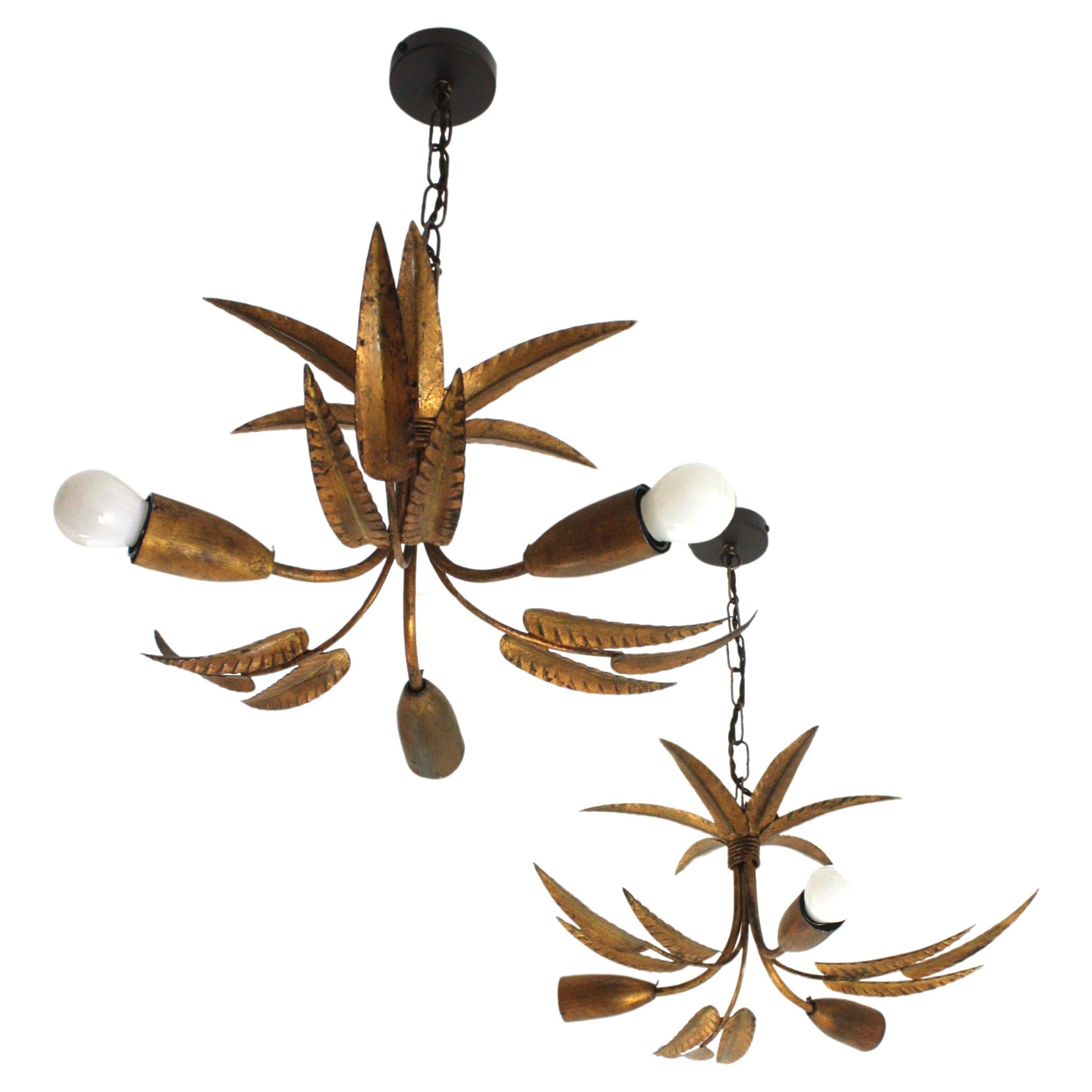 Pair of Palmette Chandeliers or Pendants in Gilt Iron with Leaves Design For Sale