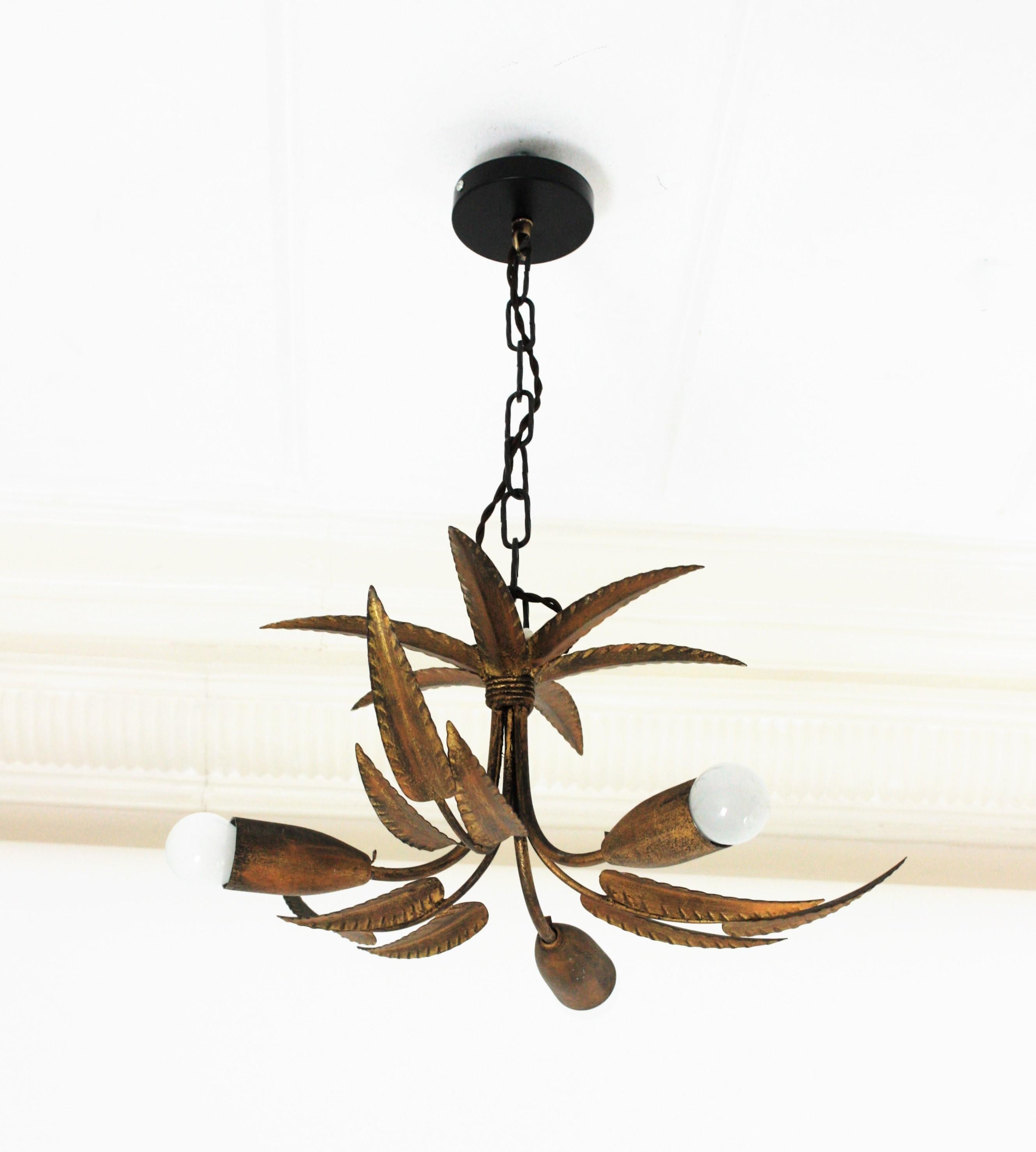 Pair of Palmette Chandeliers or Pendants in Gilt Iron with Leaves Design 2